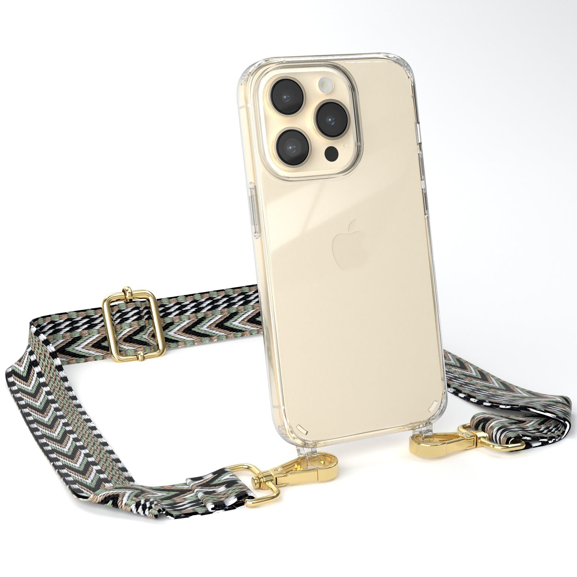 EAZY CASE Handykette Boho Umhängeband für Apple iPhone 14 Pro 6,1 Zoll, Kettenhülle abnehmbare Kordel Slim Cover plus Band Breit Mint Grün