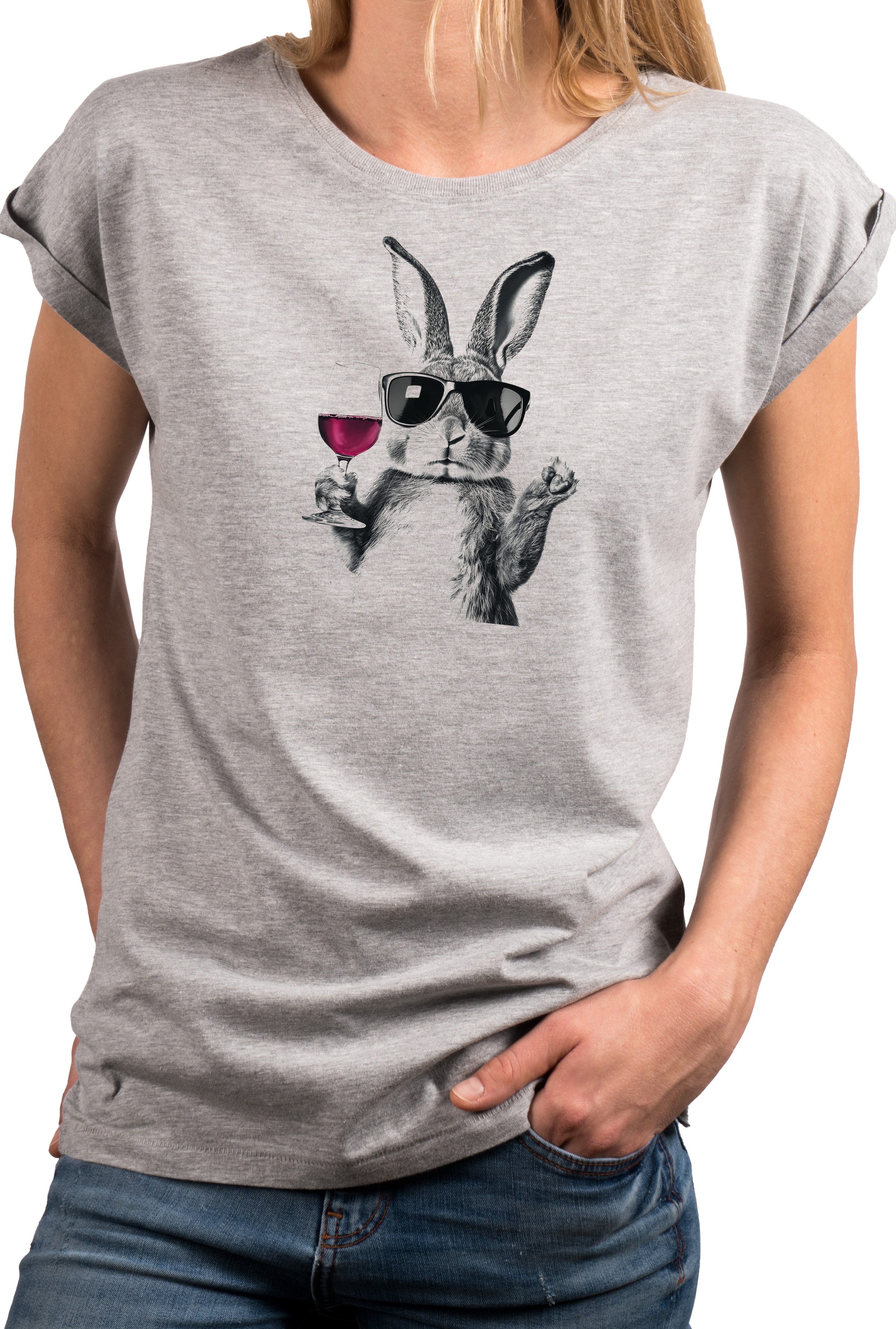 MAKAYA T-Shirt Damen Shirt mit Hase, Weinglas & Sonnenbrille – witziger Print (Weiß, Rosa, Dunkelgrau, 34, 36, 38, 40, 42, 44, 46, 48, 50) Baumwolle