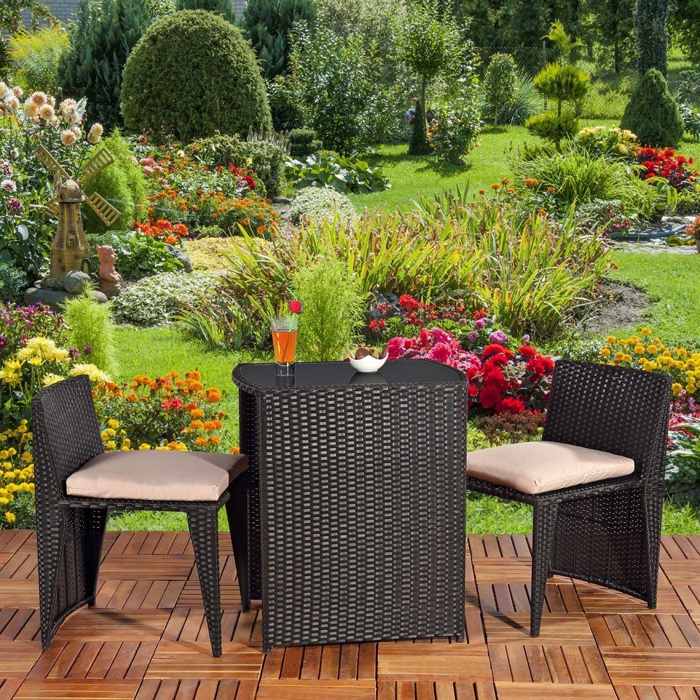 Melko Gartenlounge-Set Gartenmöbel Sitzgarnitur Essgruppe 3er Set Tisch&2 Stühle Polyrattan, (Set, 4-tlg), Beansprucht wenig Platz