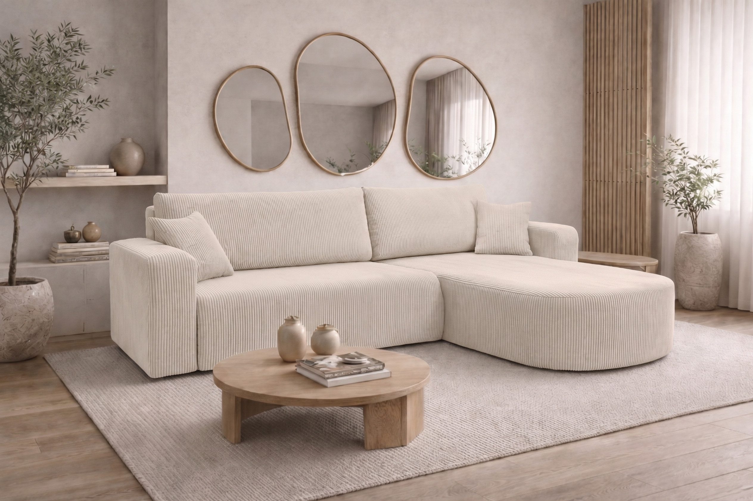 Kaiser Möbel Ecksofa mit Schlaffunktion für Wohnzimmer, Cordstoff Poso, ROUND ONE XL, XL-Format, abgerundete Form, Liegefunktion, Stauraum