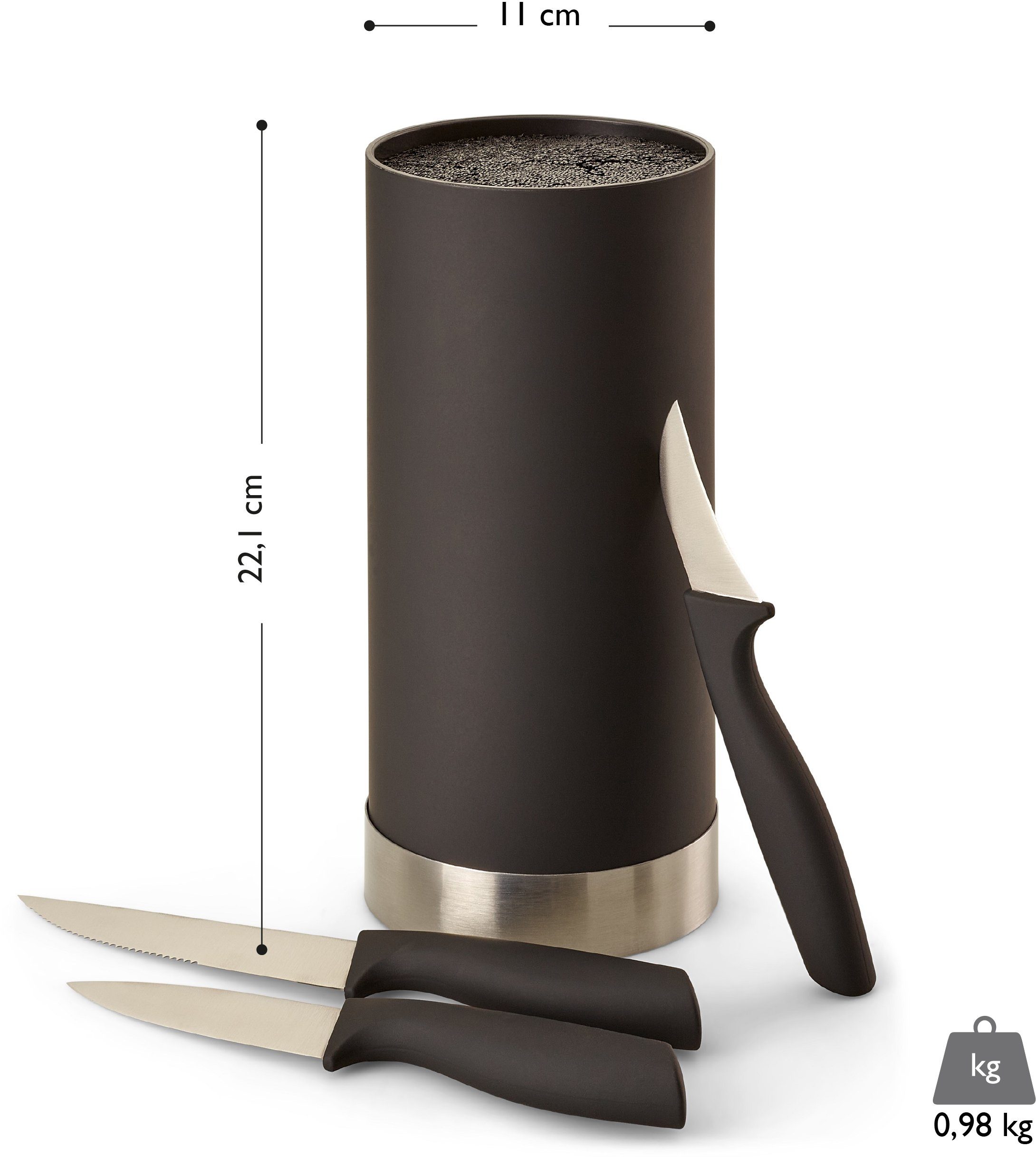 Kochmessern cm 11 Messerblock, 3 cm, schwarz/silberfarben Borsteneinsatz x mit Set Messer inkl. ECHTWERK 4tlg 22
