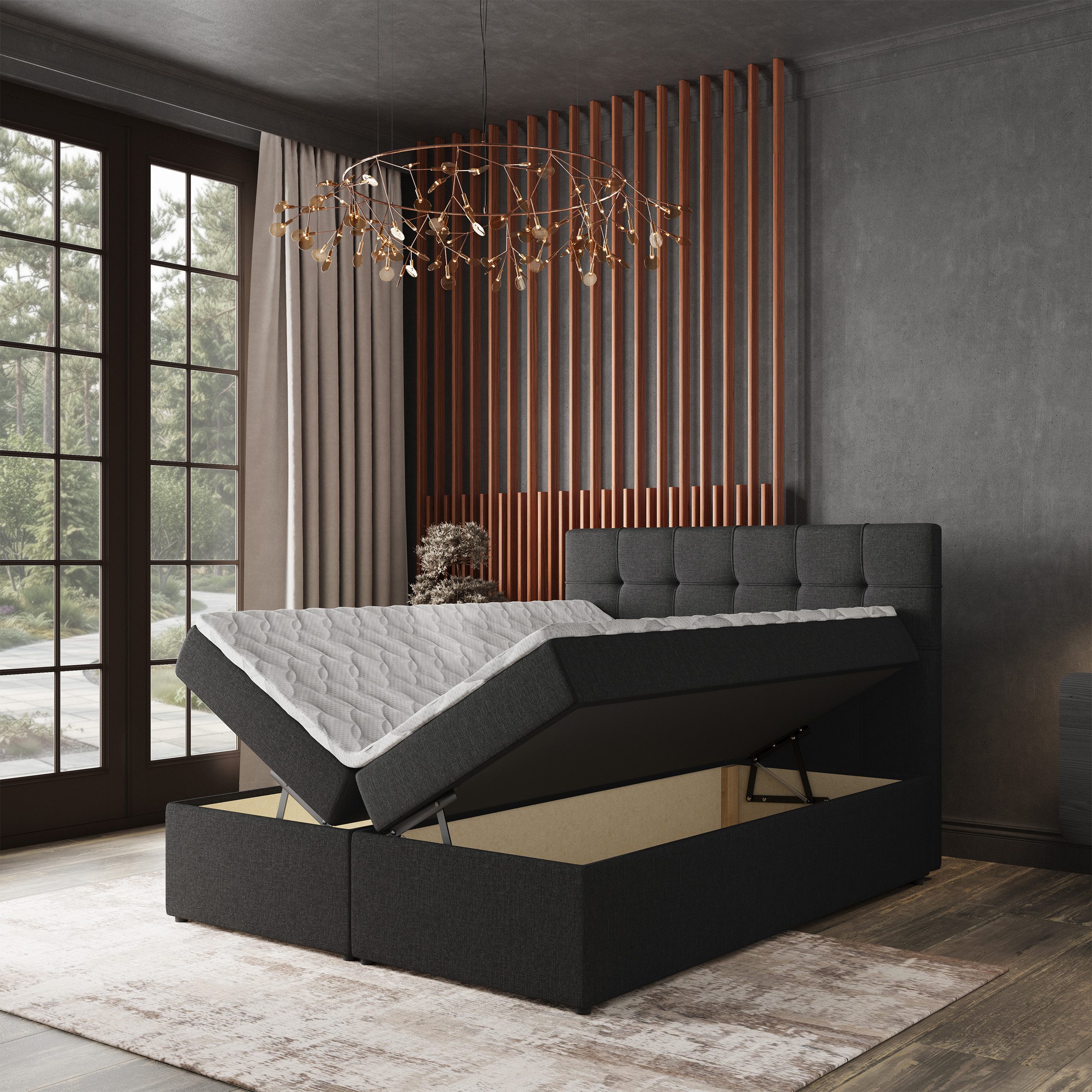 Masseno Boxbett PALMA 160x200 cm mit Bonell Matratze und Topper, Doppelbett, Polsterbett mit Kopfteil, Boxspringbett