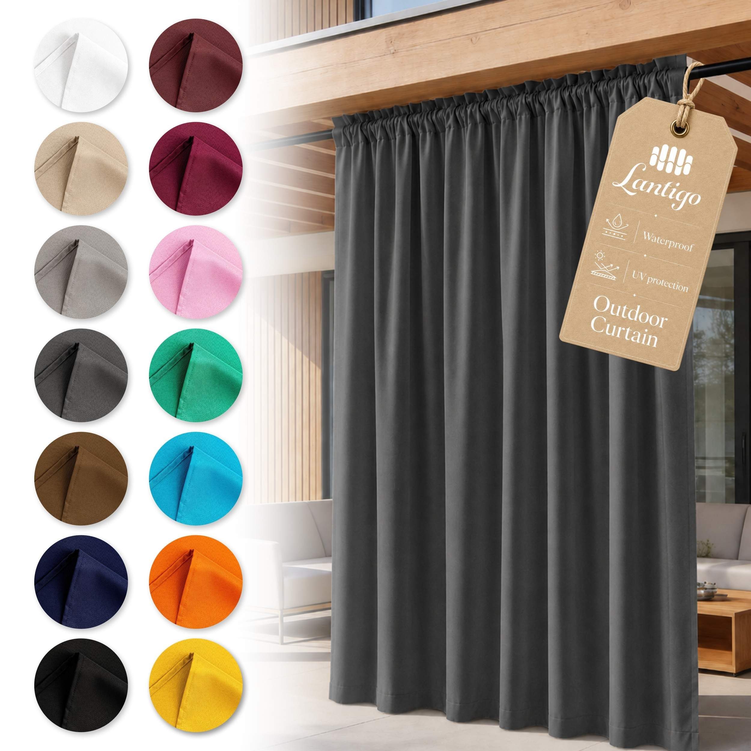 Lantigo Outdoorvorhang Wasserdichter Outdoor-Vorhang mit Stangendurchzug und Raffhalter (1 St), Stangendurchzug, OXFORD 500D, Sichtschutz für Terrasse, Pavillon, Balkon und Garten im Außenbereich