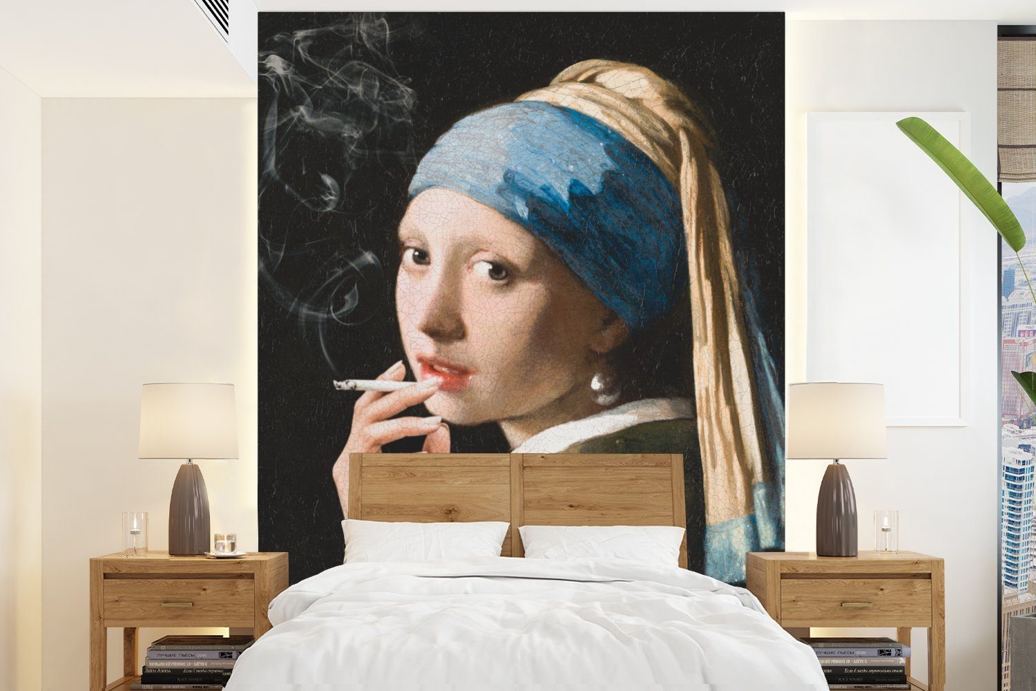 St), Matt, Rauchen, mit dem Vinyl Vermeer bedruckt, Wandtapete - Das (4 Fototapete Perlenohrring Montagefertig Wohnzimmer, für Tapete MuchoWow Mädchen -