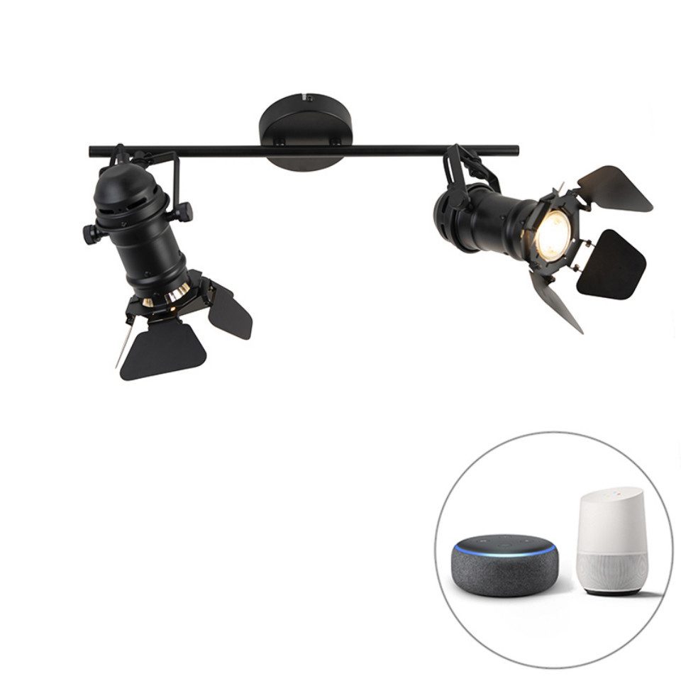 Qazqa LED Aufbaustrahler Movie, LED wechselbar, GU10, Schwarz, Industrie, Edelstahl, 2-flammig