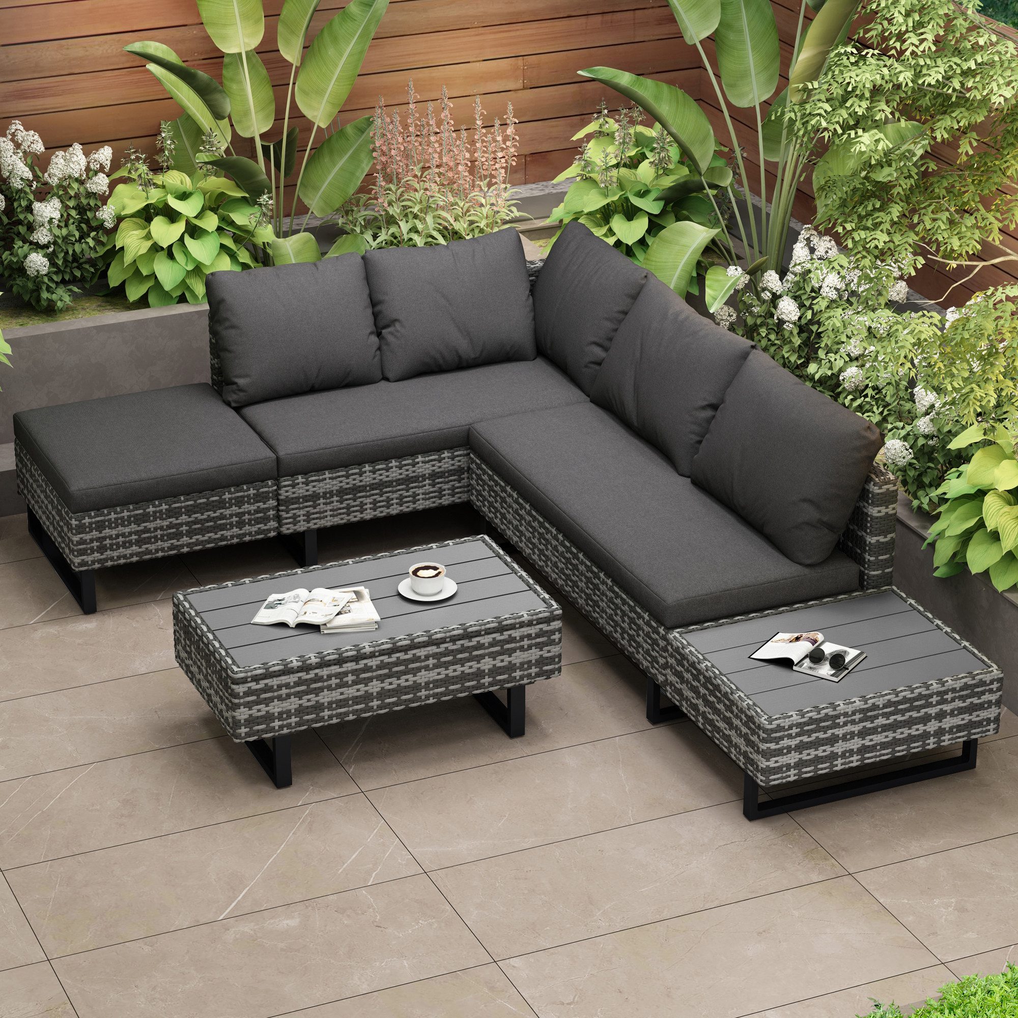 Merax Gartenlounge-Set für 5 Personen mit verzinkten Stahlrahmen und Kissen, (3-tlg., 1 2-Sitzer-Bank, 1 3-Sitzer-Ecksofa, 1 Couchtisch), Gartenmöbel Set Polyrattan, Balkonset, Sofagarnitur, Sitzgruppe