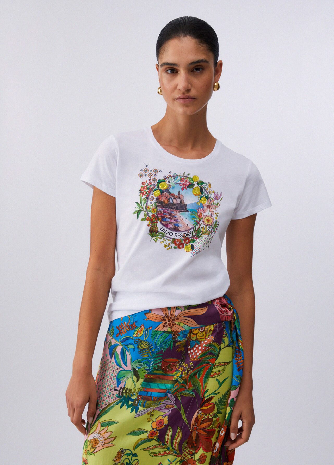 Liu Jo Kurzarmshirt - T-Shirt Damen - weißes Damenshirt - Shirt mit Print - Strass