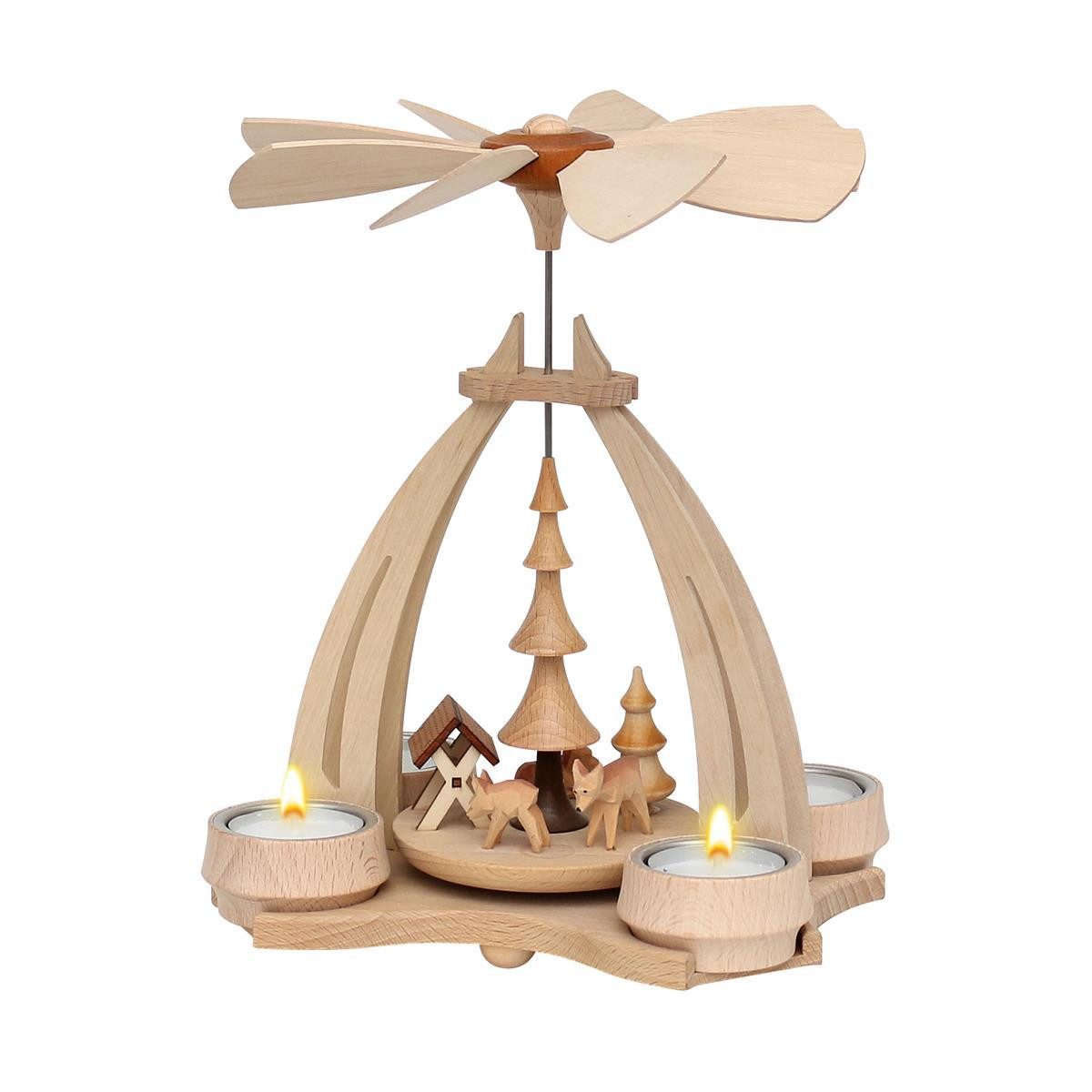 Dekohelden24 Weihnachtspyramide Pyramide aus Buchenholz, Rehe mit Futterkrippe, ca. 24 cm