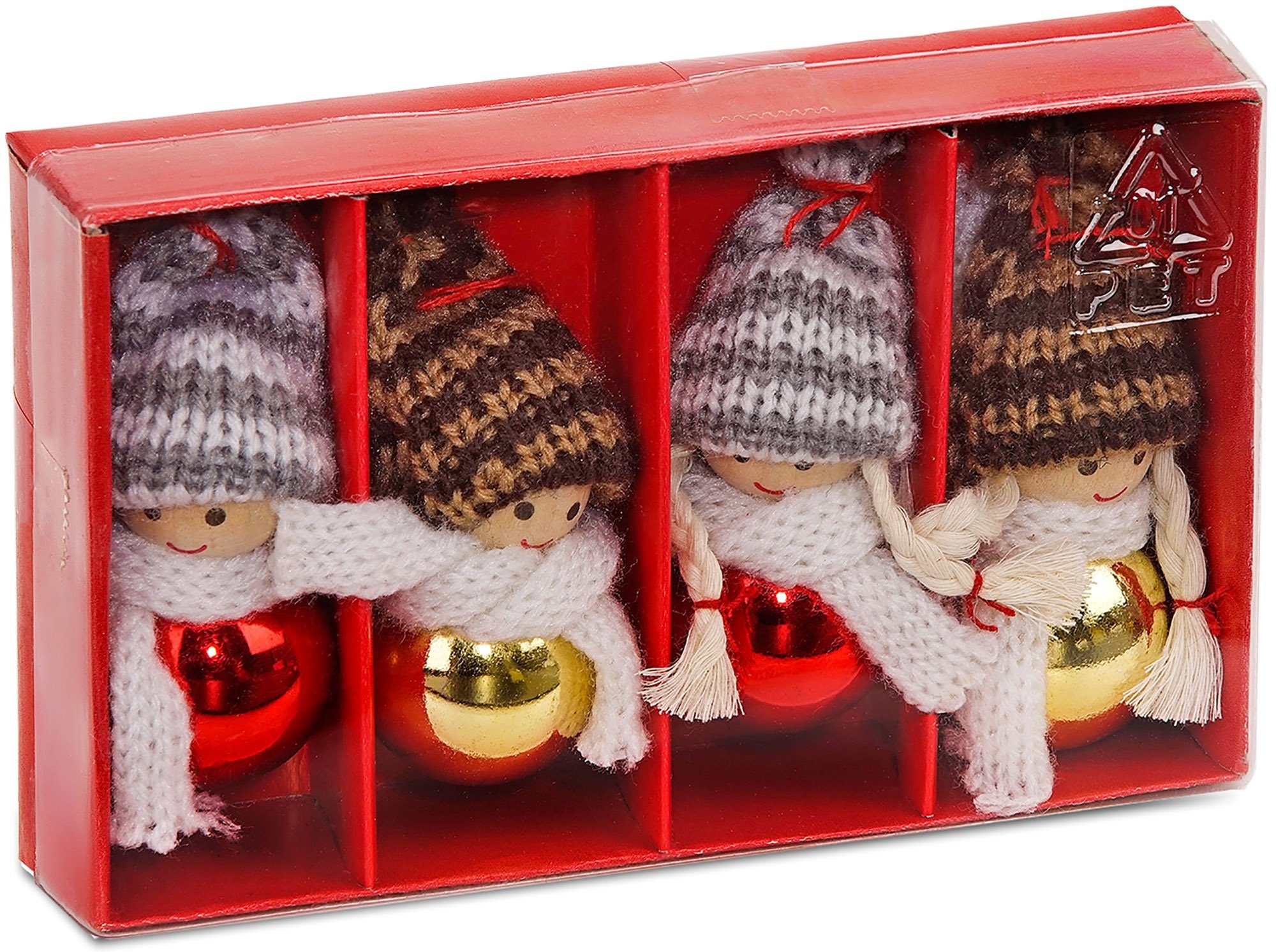 BRUBAKER Christbaumschmuck Weihnachtswichtel Set Rot Gold (4-tlg), Weihnachtsanhänger aus Holz und Strick, Baumschmuck 8 cm hoch, Baumanhänger Wichtel in Geschenkbox