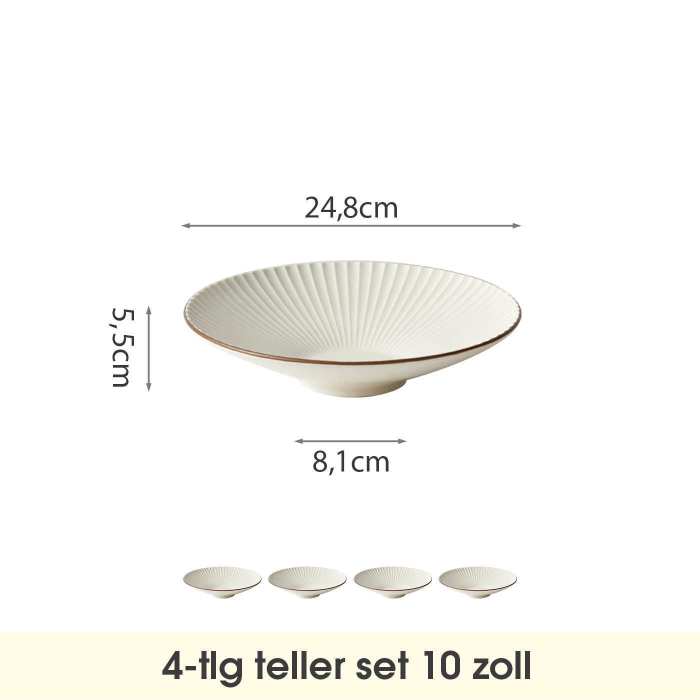 JIWOO Teller 4er Ø24,8cm, Salatteller Pastateller Frühstücksteller Dessertteller, (4 St), Keramik Hochwertiges Tellerset Weiß Mikrowellen spülmaschinenfest