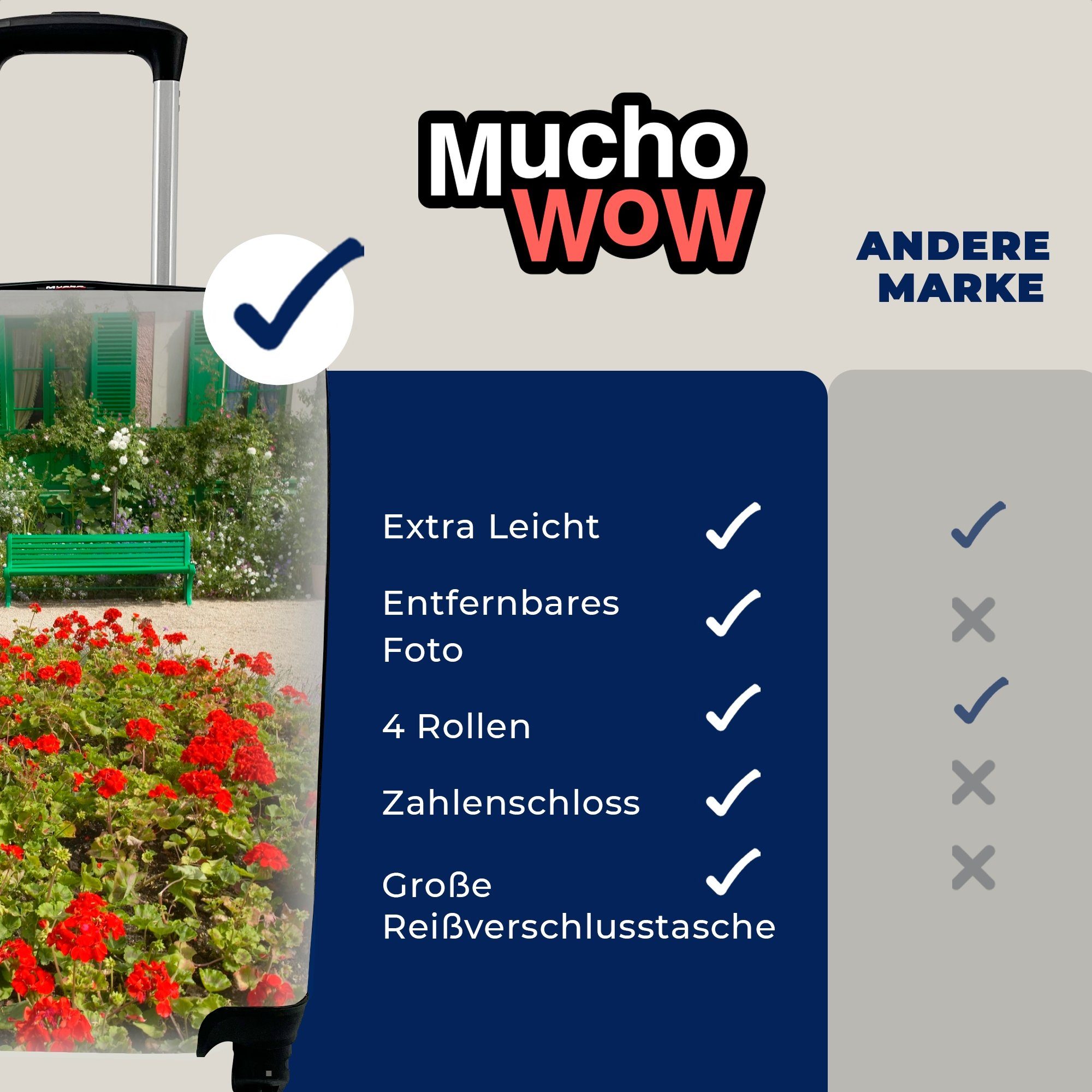 MuchoWow Europa, 4 Trolley, Blumen von im Reisekoffer Monet mit Bank Handgepäckkoffer mit Handgepäck für Rollen, französischen in Garten rollen, Reisetasche Ferien,