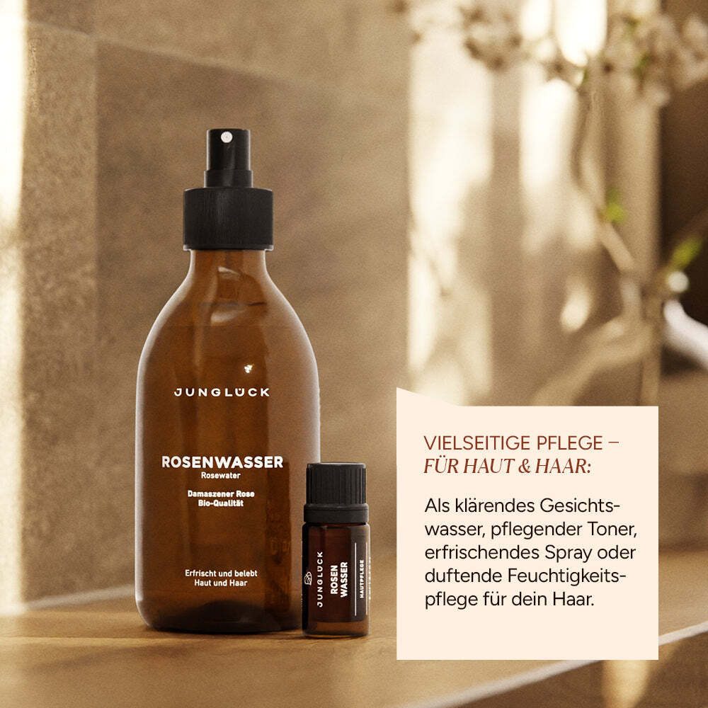 JUNGLÜCK Gesichtswasser Rosenwasser Spray - 100% Bio, Vegan, ohne Alkohol, 1-tlg., Erfrischendes Spray für Gesicht, Haare und Körper