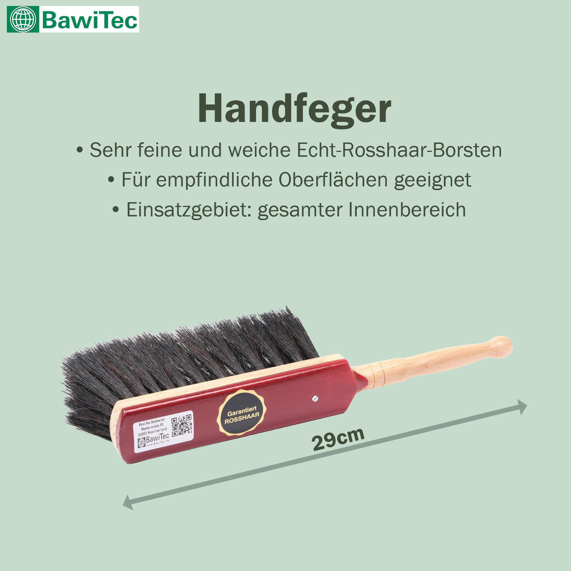 BawiTec Kehrgarnitur Echt Rosshaar Kehrset 4-teilig mit Teleskopstiel und Kehrschaufel, glatte Böden, (Komplett-Set, 4-tlg), Echt-Rosshaar-Borsten – Bild 4 von 5