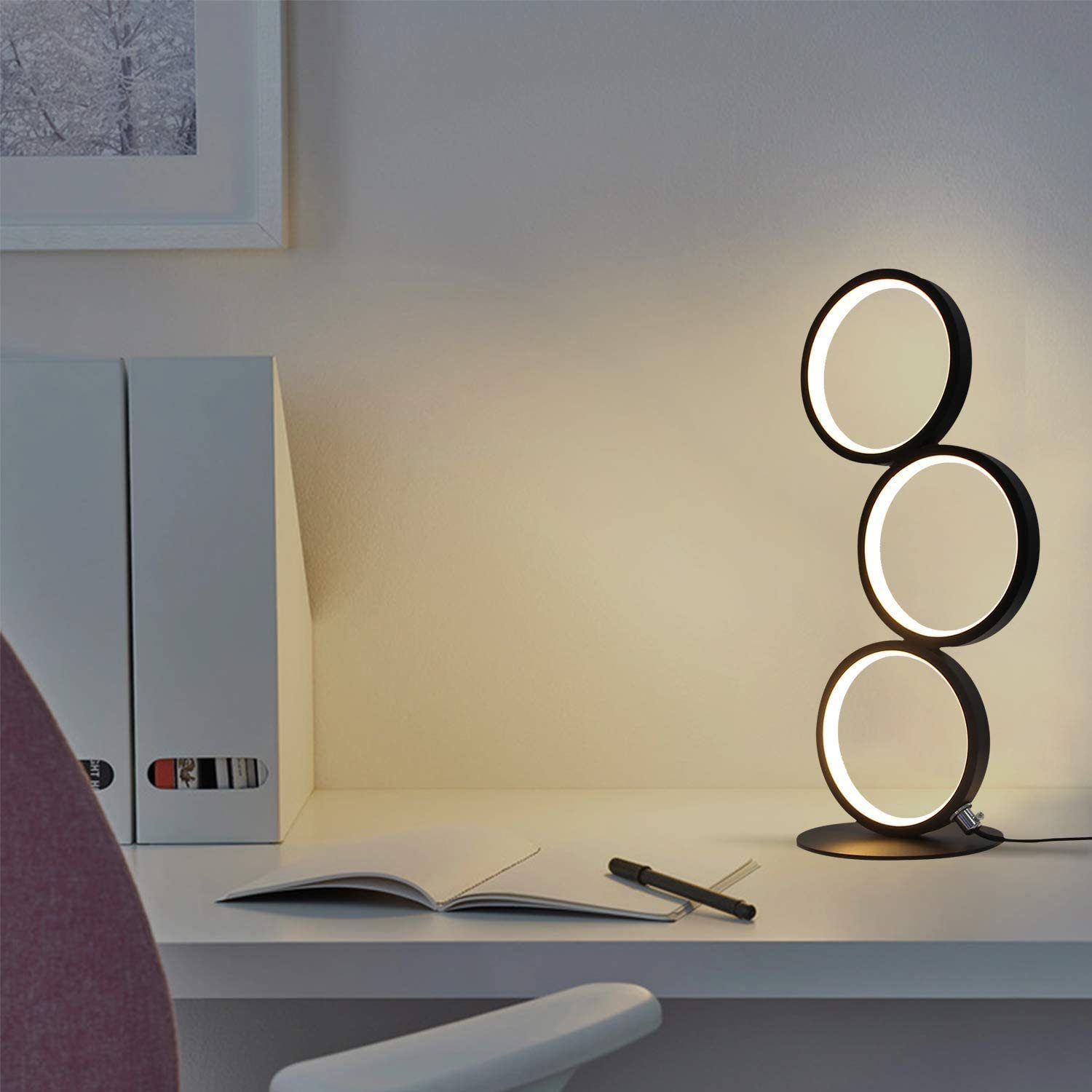 Deko Schlafzimmer, Nachttischlampe Ring integriert, Schwarz LED ZMH Schreibtischlampe Dimmfunktion, fest Schwarz warmweiß-kaltweiß LED 1x