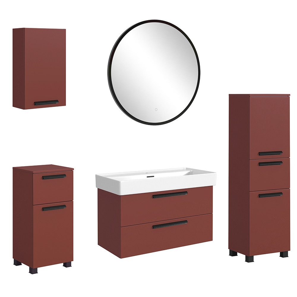Lomadox Badmöbel-Set ATELLA-03, (Spar-Set, 5-St., Waschtisch Spiegel Midischrank Hängeschrank Unterschrank), in rot, mit 100 cm Keramik-Waschbecken, Breite 100 cm, LED-Spiegel