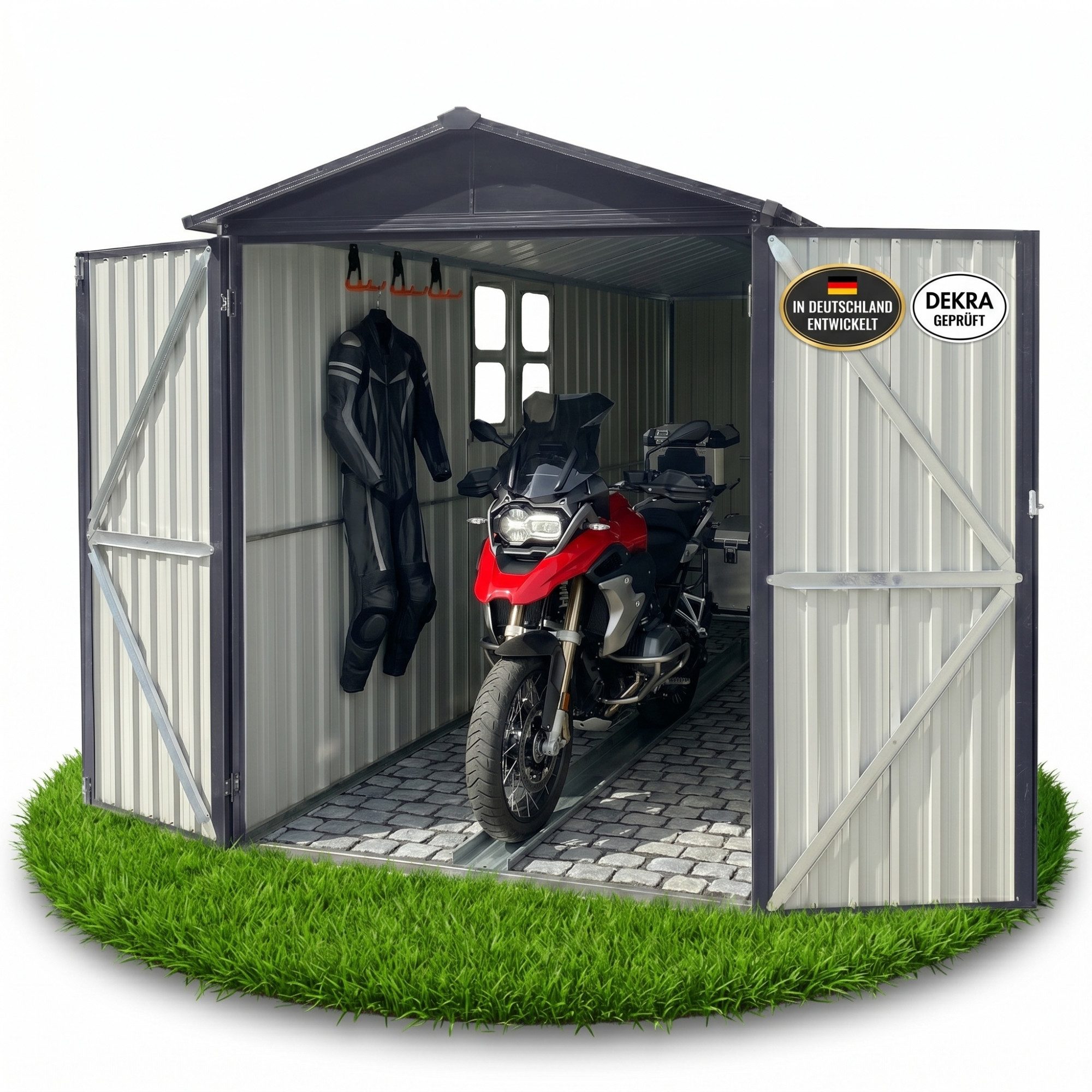 Albatros International Gerätehaus Premium Motorradgarage wetterfest Motorrad Bike Garage, abschließbar, BxT: 169x296 cm, (169x296x191cm), verzinktes Metall in Anthrazit (RAL 7016) Motorrad Unterstellplatz