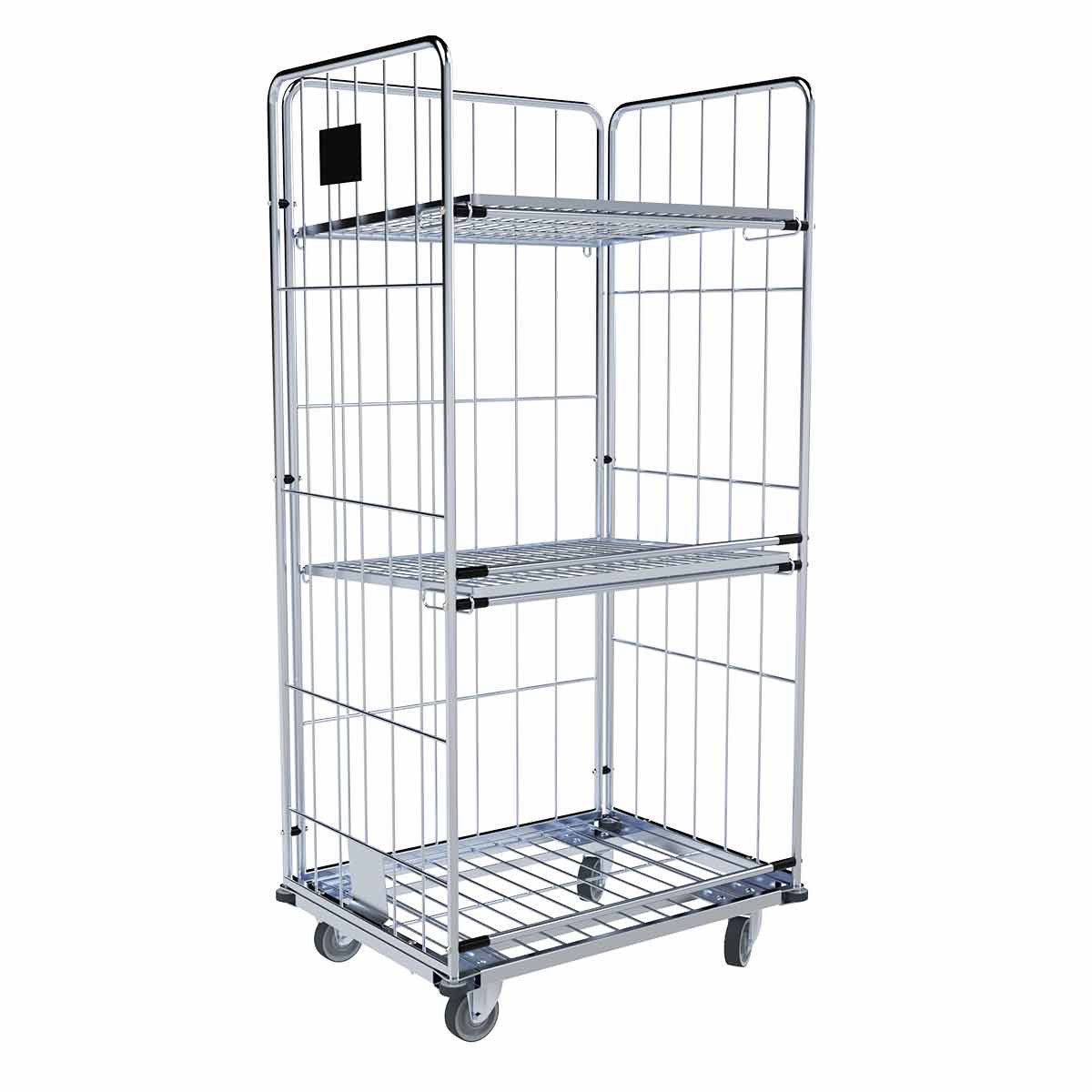 OSWALD Transportgeräte Transportwagen Wäschewagen 2 Böden, 4 Abweisräder. 3-seitig, 850x630x1750 mm 500 kg, (RW18133), Rollplatte Metall, Nutzhöhe 1.600 mm, Zwischenböden klappbar