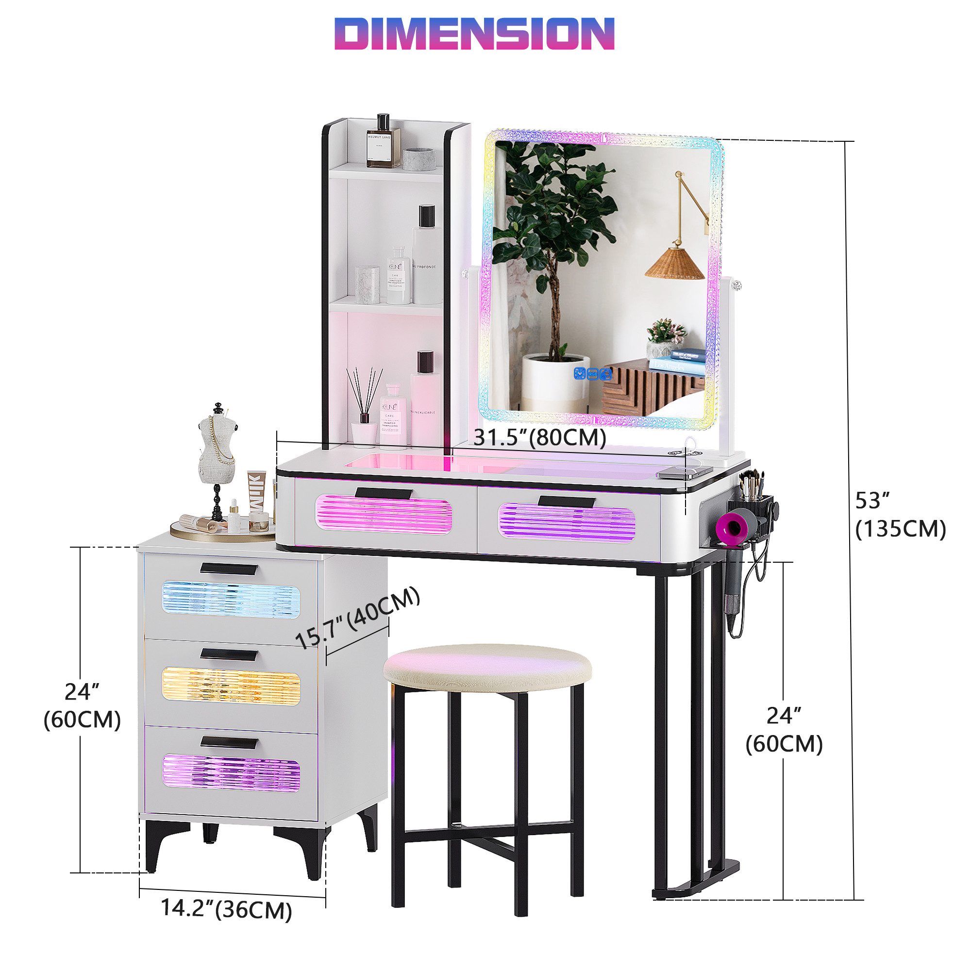 LVifur Schminktisch mit gepolstertem Hocker/5 Schubladen/Spiegel/USB-Anschl günstig online kaufen