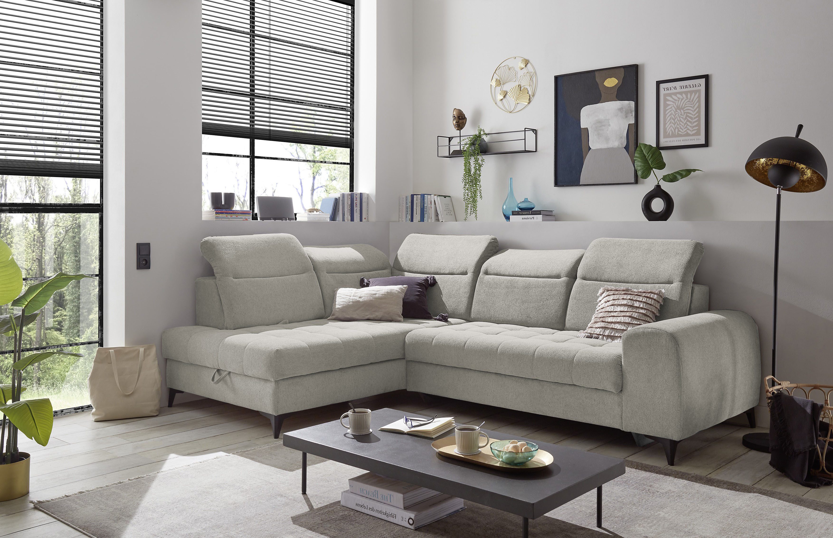 ED EXCITING DESIGN Ecksofa Rockdale L-Form mit Bettfunktion, Bettkasten, Kopfteilverstellung, Sitztiefenverstellung & USB-Port