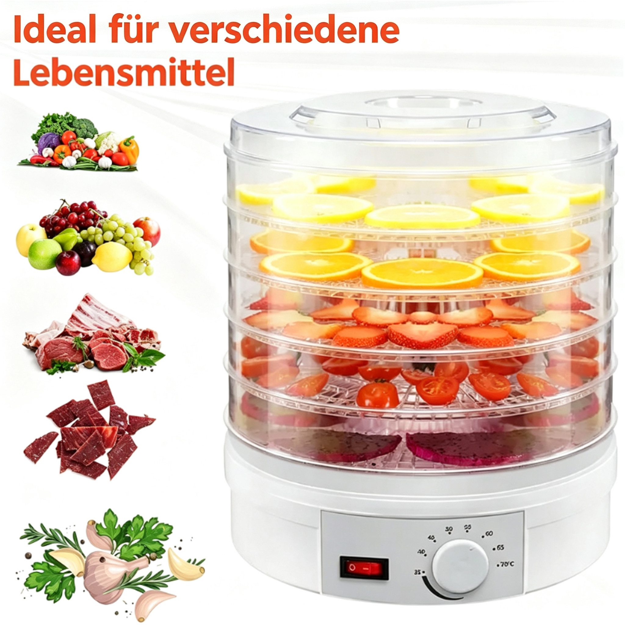 wohnTRAUM24 Dörrautomat Dörrautomat Dörrgerät mit Temperaturregler, 5 Einlegefächer, 35-70°C 350 W, 5 Etagen, Vielseitig für Obst, Fleisch, Fisch & Kräuter – Bild 2 von 5