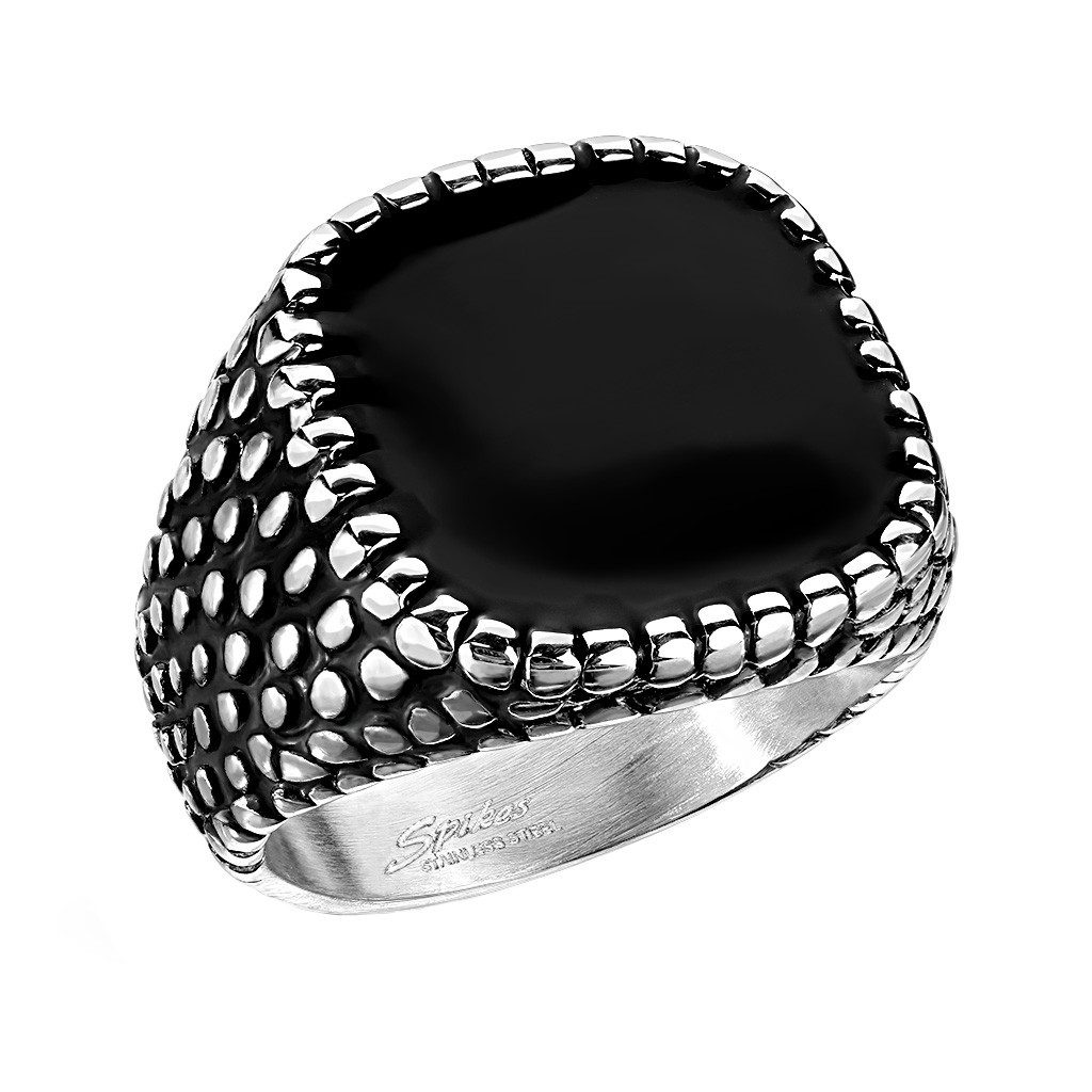 Taffstyle Fingerring Biker Ring Edelstahl Silber schwarzer Drachenhaut Styl günstig online kaufen