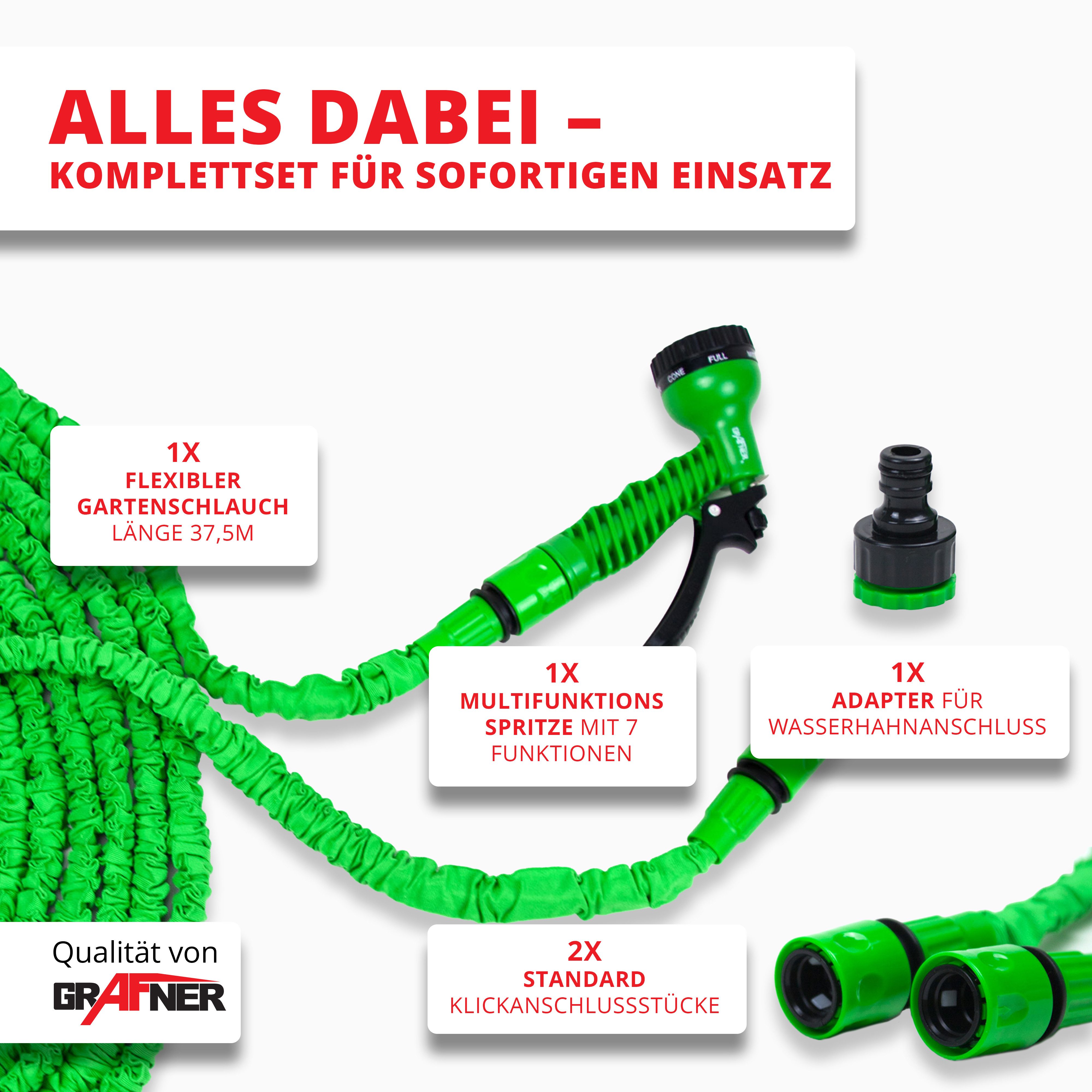 Grafner Gartenschlauch Gartenschlauch dehnbar flexibel 37,5 m Multifunktionsbrause, automatisches ausdehnen und wieder zusammen-ziehen, automatische Selbstentleerung, (1 St), dehnbar, Gewebe aus hochfestem 600D Polyester