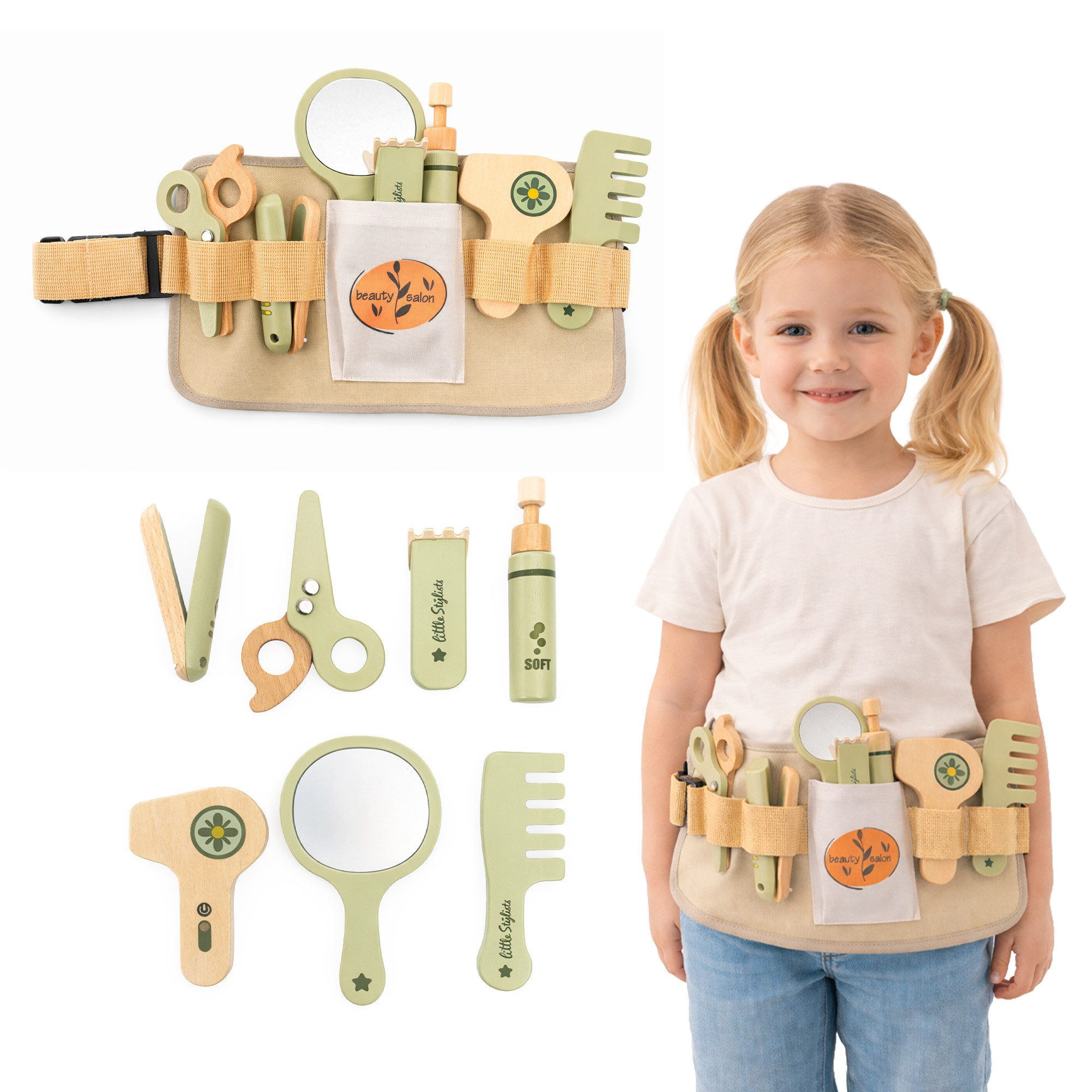 Mamabrum Spielzeug-Frisierkoffer Mamabrum Friseur Spielset Kinder Holz mit Zubehör Gürtel