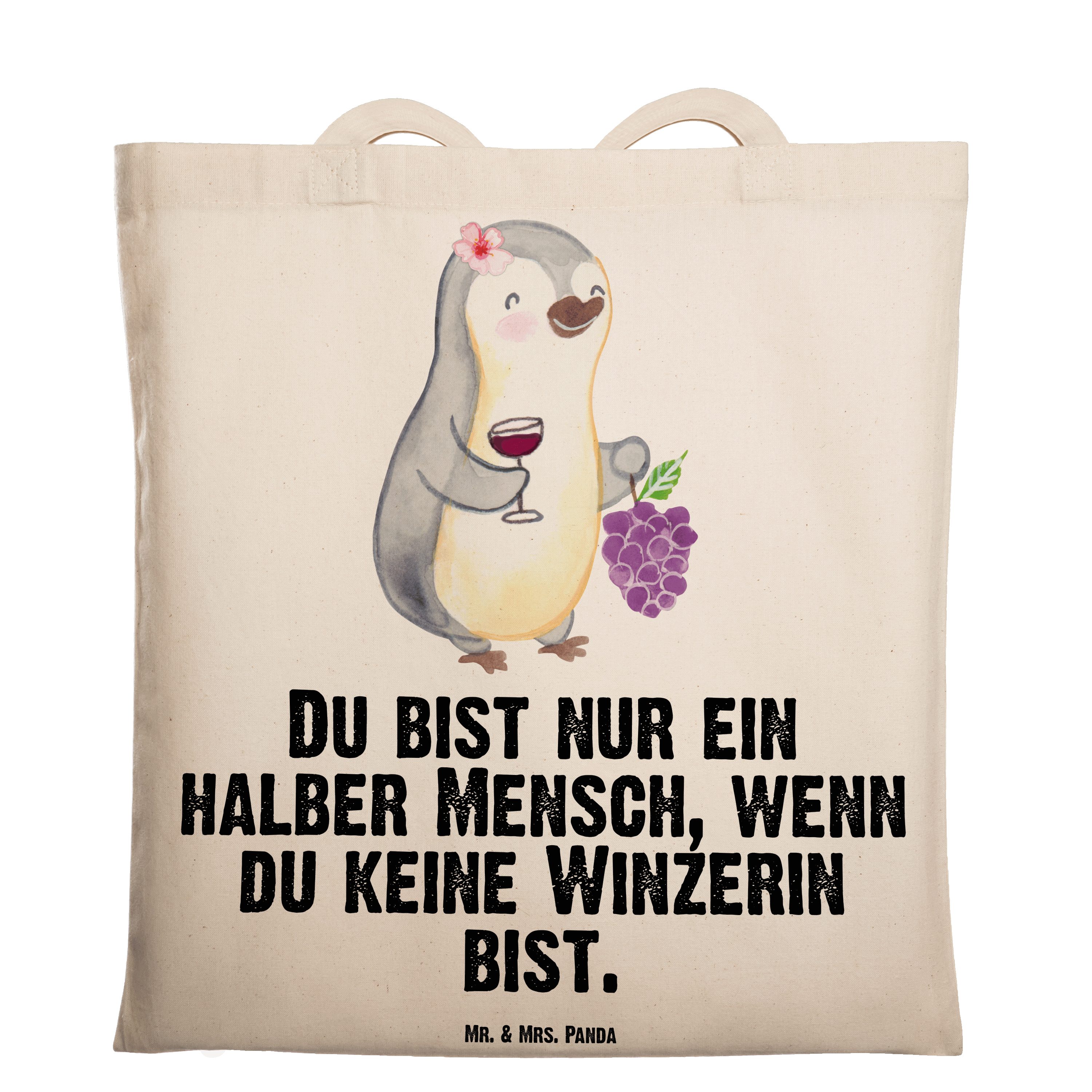 Mr. & Mrs. Panda Tragetasche Winzerin mit Herz - Transparent - Geschenk, Stoffbeutel, Jutebeutel, (1-tlg)