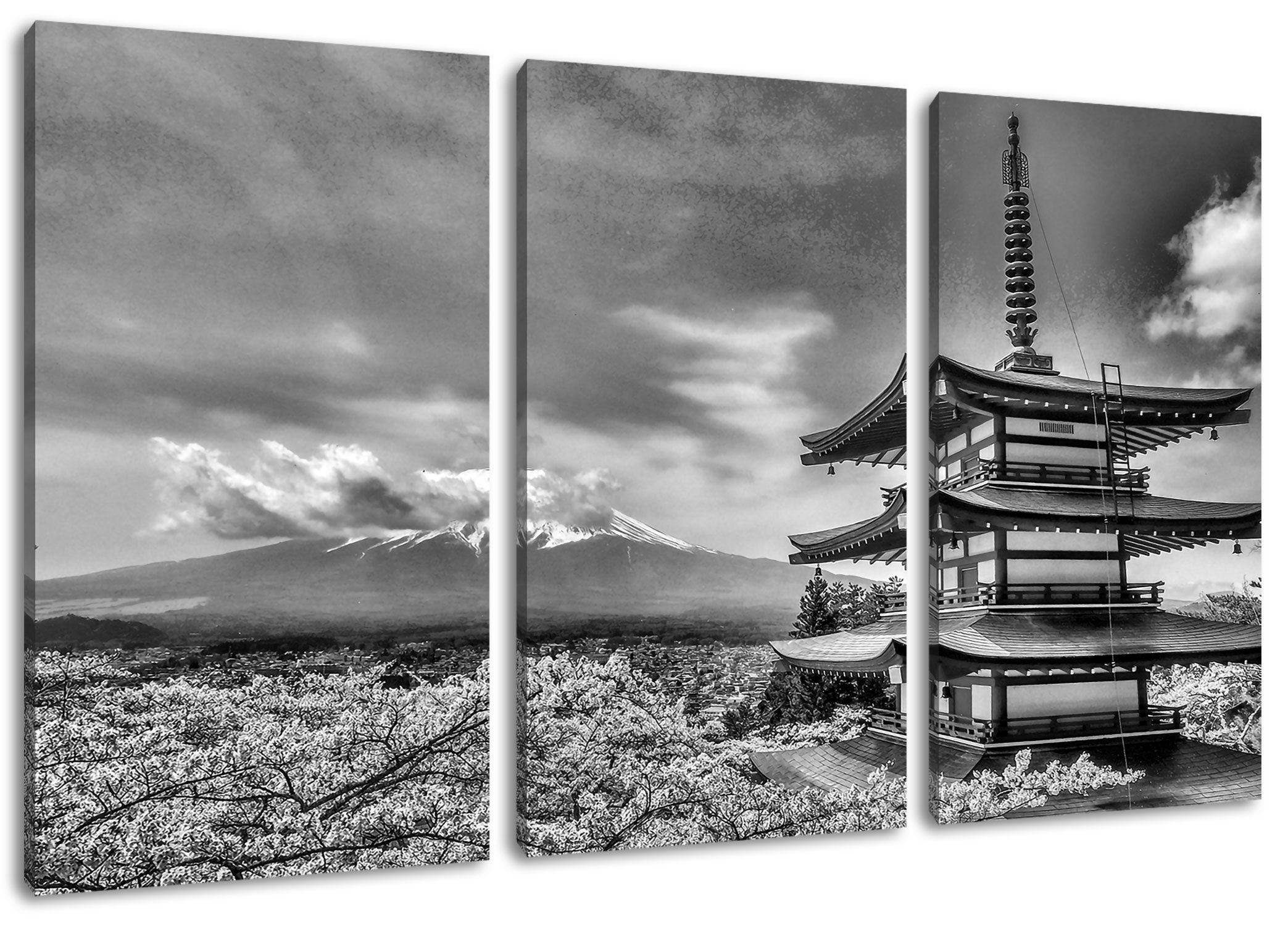 Zackenaufhänger Japanisches Gebäude, 3Teiler St), bespannt, (1 Leinwandbild inkl. (120x80cm) Japanisches Gebäude fertig Pixxprint Leinwandbild