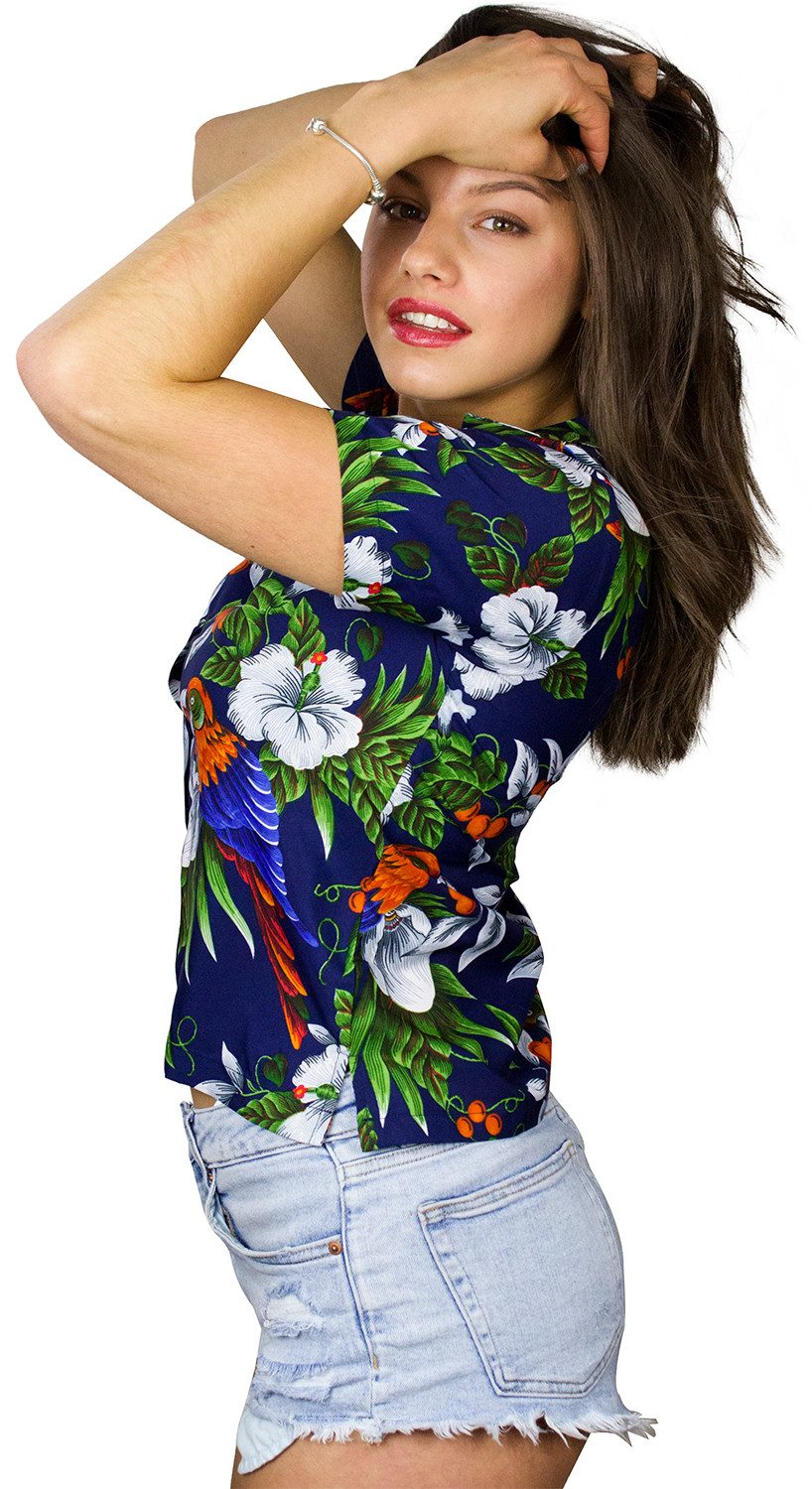 King Kameha Hawaiihemd Cherryparrot Funky Hawaiibluse Damen Kurzarm Front-Tasche Stylish