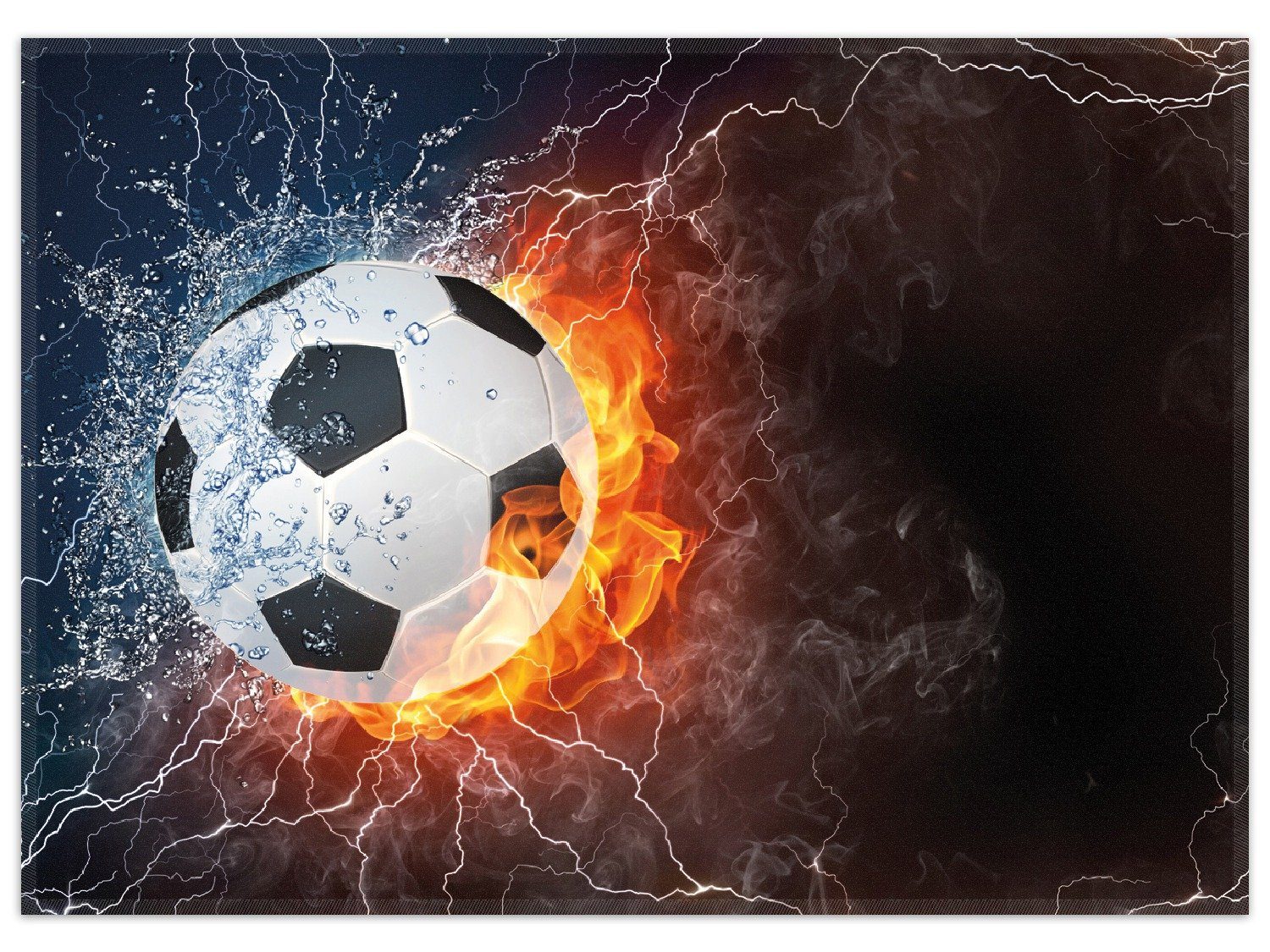 Wallario Teppich Fußball - Feuer und Wasser, rechteckig, rutschfest