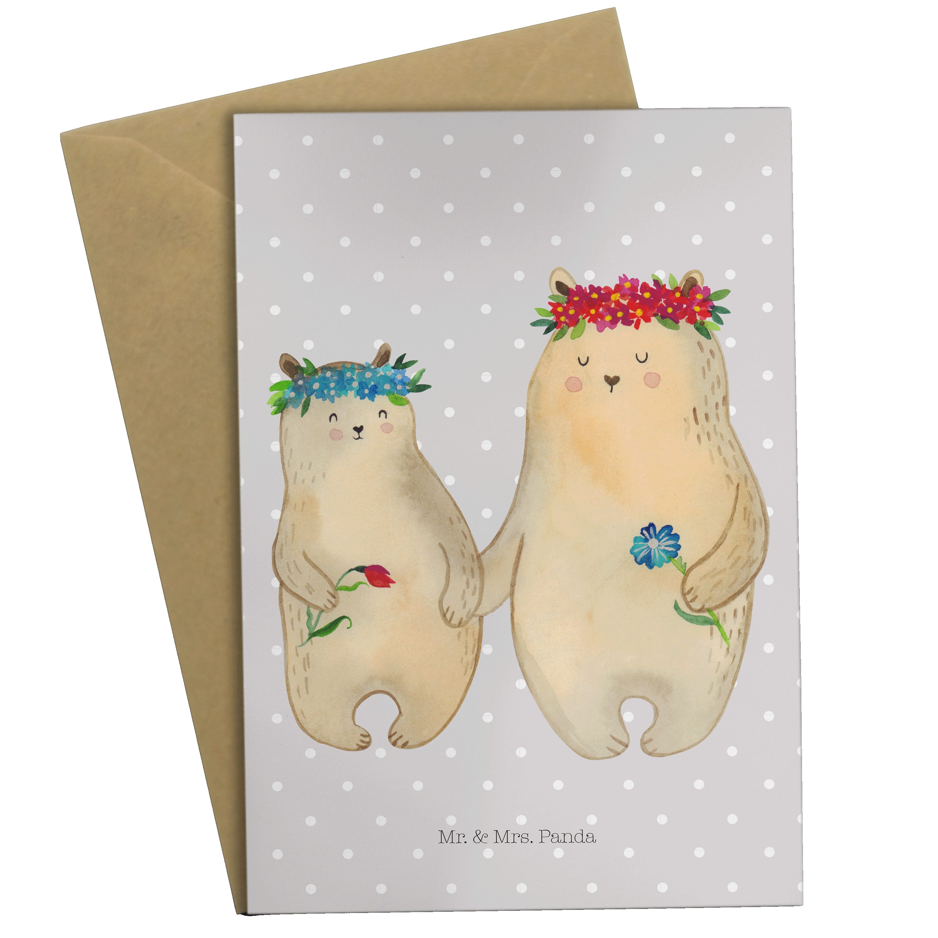 Mr. & Mrs. Panda Grußkarte Bären mit Blumenkranz - Grau Pastell - Geschenk, Geschenk Mama. Mutte