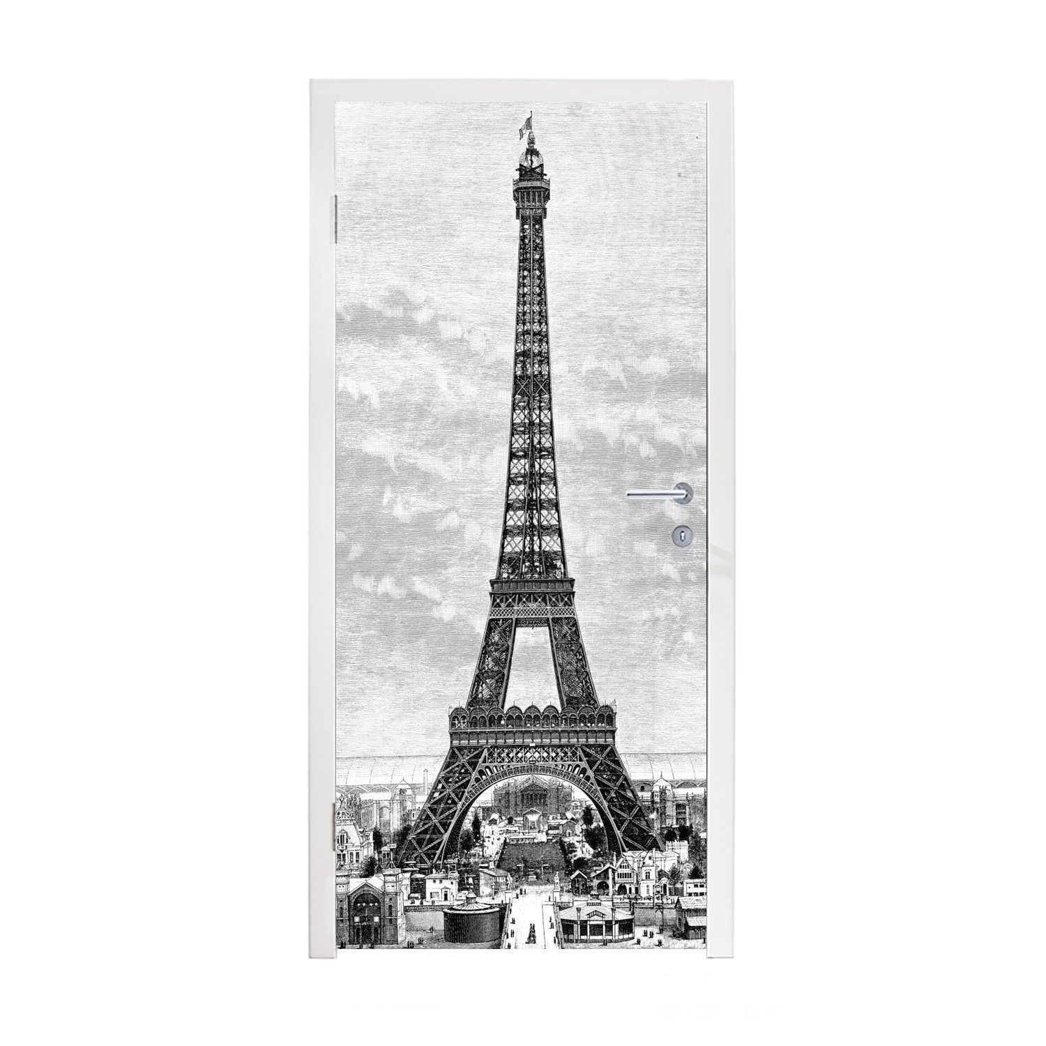 MuchoWow Türtapete Eine Illustration des Eiffelturms aus dem 19. Jahrhundert, Matt, bedruckt, (1 St), Fototapete für Tür, Türaufkleber, 75x205 cm
