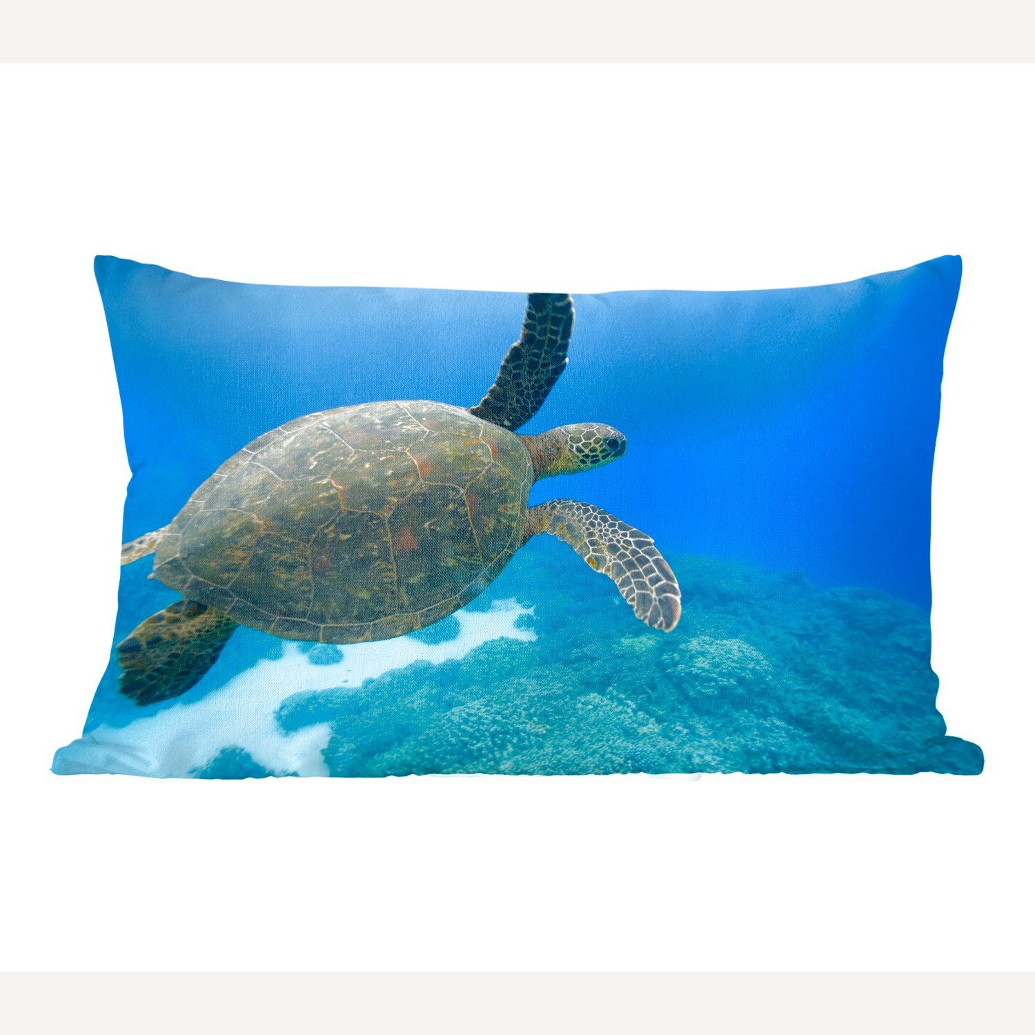 MuchoWow Dekokissen Grüne schwimmende Schildkröte Fotodruck, Wohzimmer Dekoration, Zierkissen, Dekokissen mit Füllung, Schlafzimmer