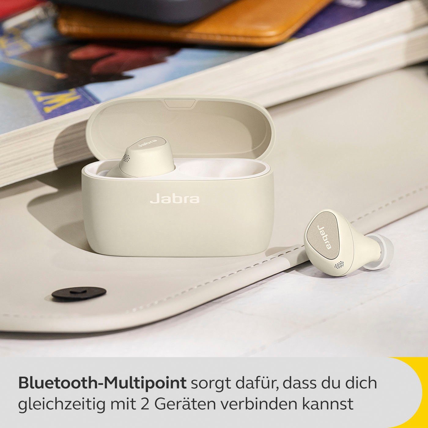 Bluetooth, Google Siri, In-Ear-Kopfhörer Jabra aktiver Cancelling Geräuschunterdrückung Alexa, Noise (ANC), wireless Assistant, mit 5 hybrider Gold/beige Elite (ANC) (Active