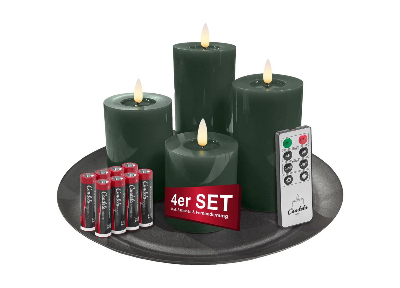 LC Home LED-Kerze Candela Lights LED Kerzen 4er Set Stumpenkerze inkl. Kerzenteller