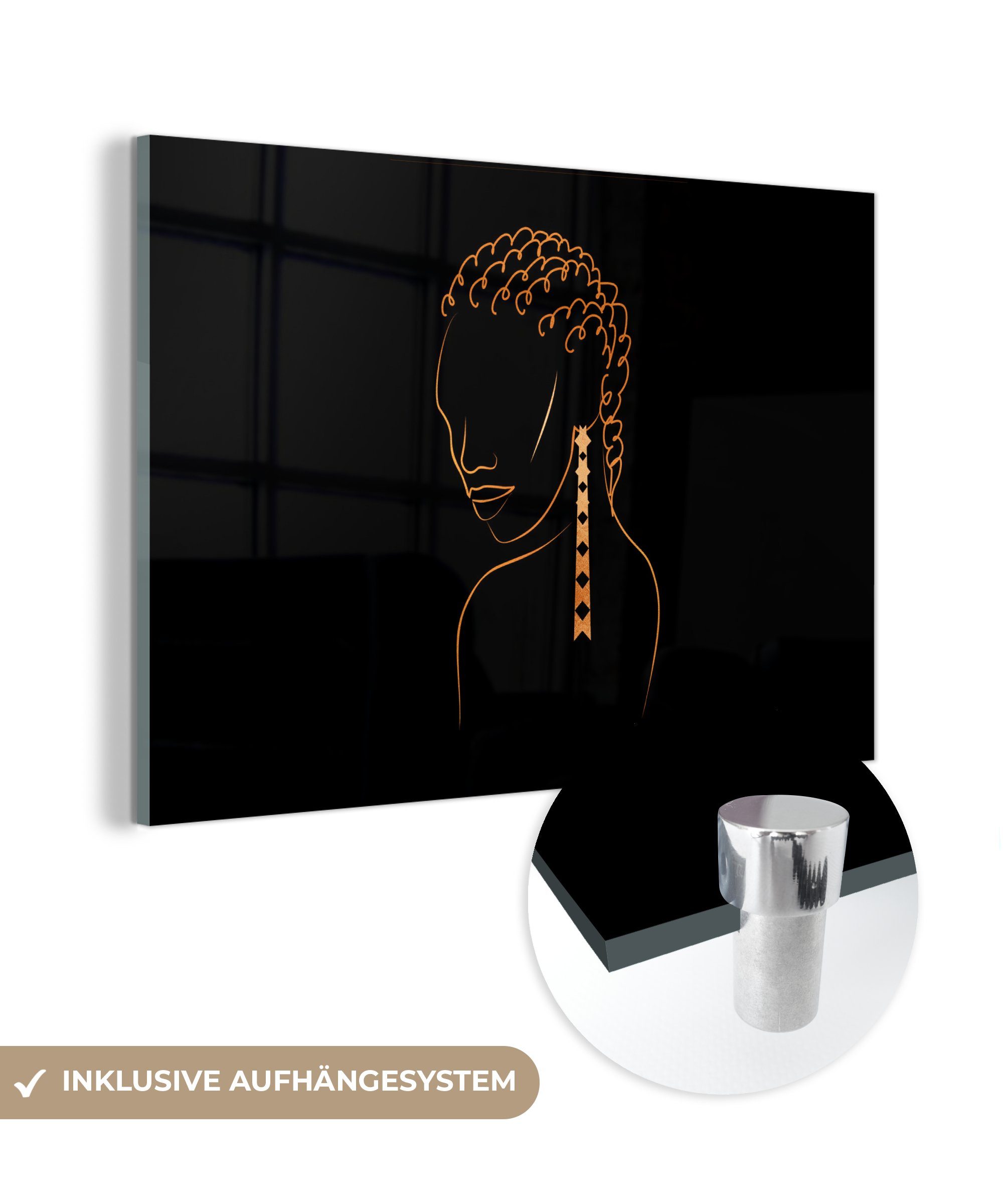 MuchoWow Acrylglasbild Frau - Ohrringe - Linienkunst - Gold, (1 St), Glasbilder - Bilder auf Glas Wandbild - Foto auf Glas - Wanddekoration | Bilder
