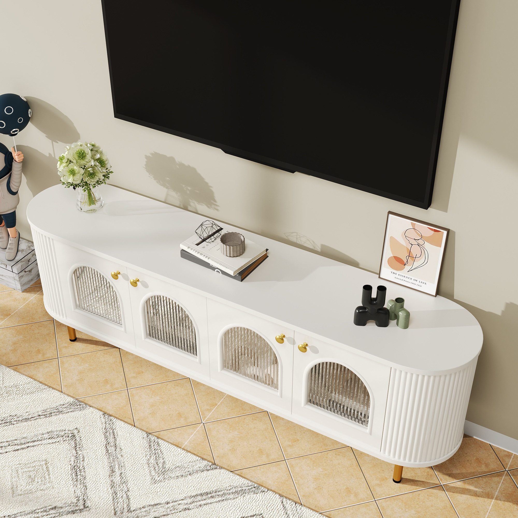 Merax Lowboard (1 St), TV-Schrank mit Glastüren und goldenen Akzenten, Breit: 170cm