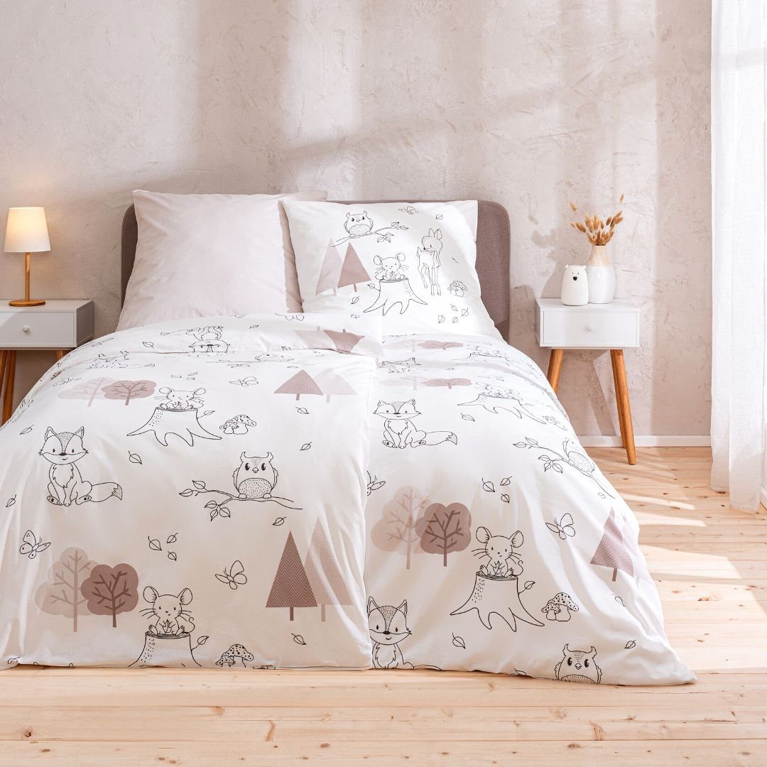 MTOnlinehandel Bettwäsche Waldtiere Eule Rehkitz Maus Fuchs 135x200 + 80x80 günstig online kaufen