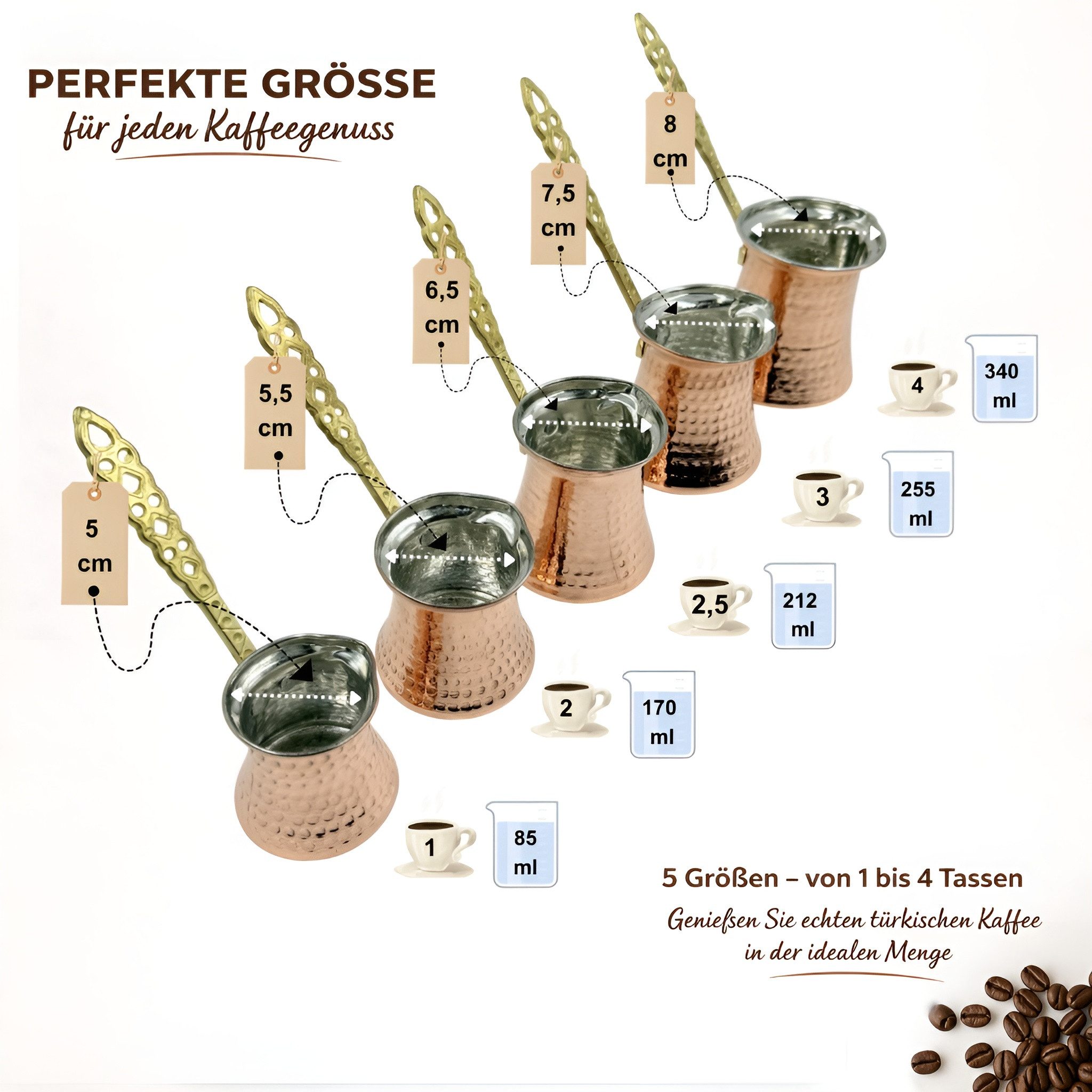 inovesis Kaffeekanne Handgemachte Kupfer, Cezve, Traditionelle Türkische Kaffeekanne, (Schnelle und gleichmäßige Wärmeleitung, Langer, hitzebeständiger und stabiler Griff, 1-St., Innen mit lebensmittelechtem Zinn beschichtet), Handgefertigt aus 100 % echtem Kupfer