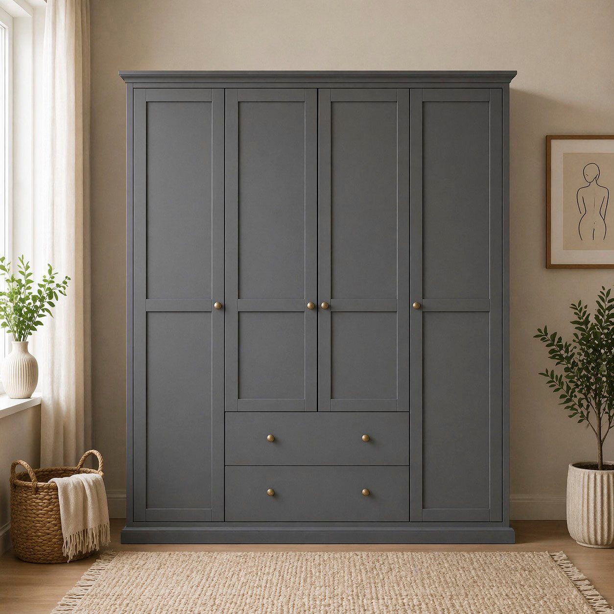 Home affaire Kleiderschrank Paris im Landhausstil mit viel Stauraum, B/HT ca. 180x200x65 cm 4 Türen, Böden, Stange & Schubladen für optimale Ordnung