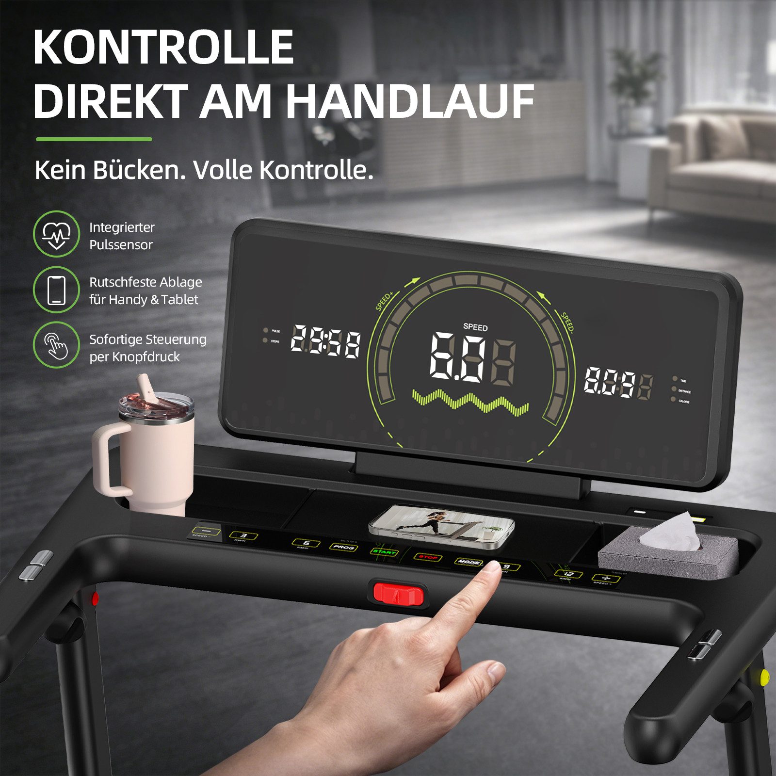 FunLife Laufband Extra breite Lauffläche & Display am Handlauf (Einzelgerät, Klappbares Laufband), 12 Programme · Herzfrequenzsensor · Klappbar