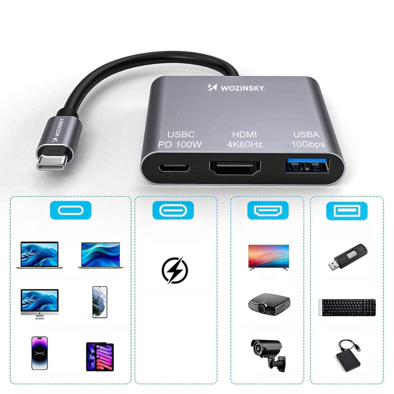 Wozinsky WHCH-01 USB-Adapter USB-C Stecker zu USB-C Buchse, HDMI Buchse, USB-A Buchse, 3-in-1 USB-C Hub mit 100 W PD und 4K HDMI