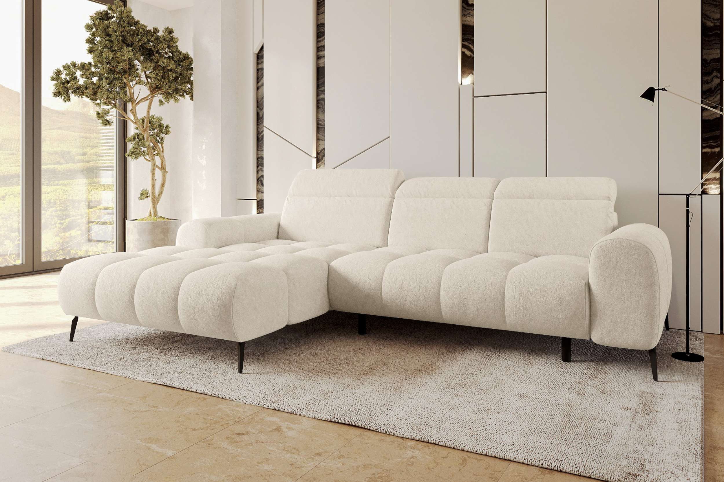 99rooms Ecksofa Milano, Sofa, L-Form, mit elektrischer Sitztiefenverstellung, Chenille APHRODITE