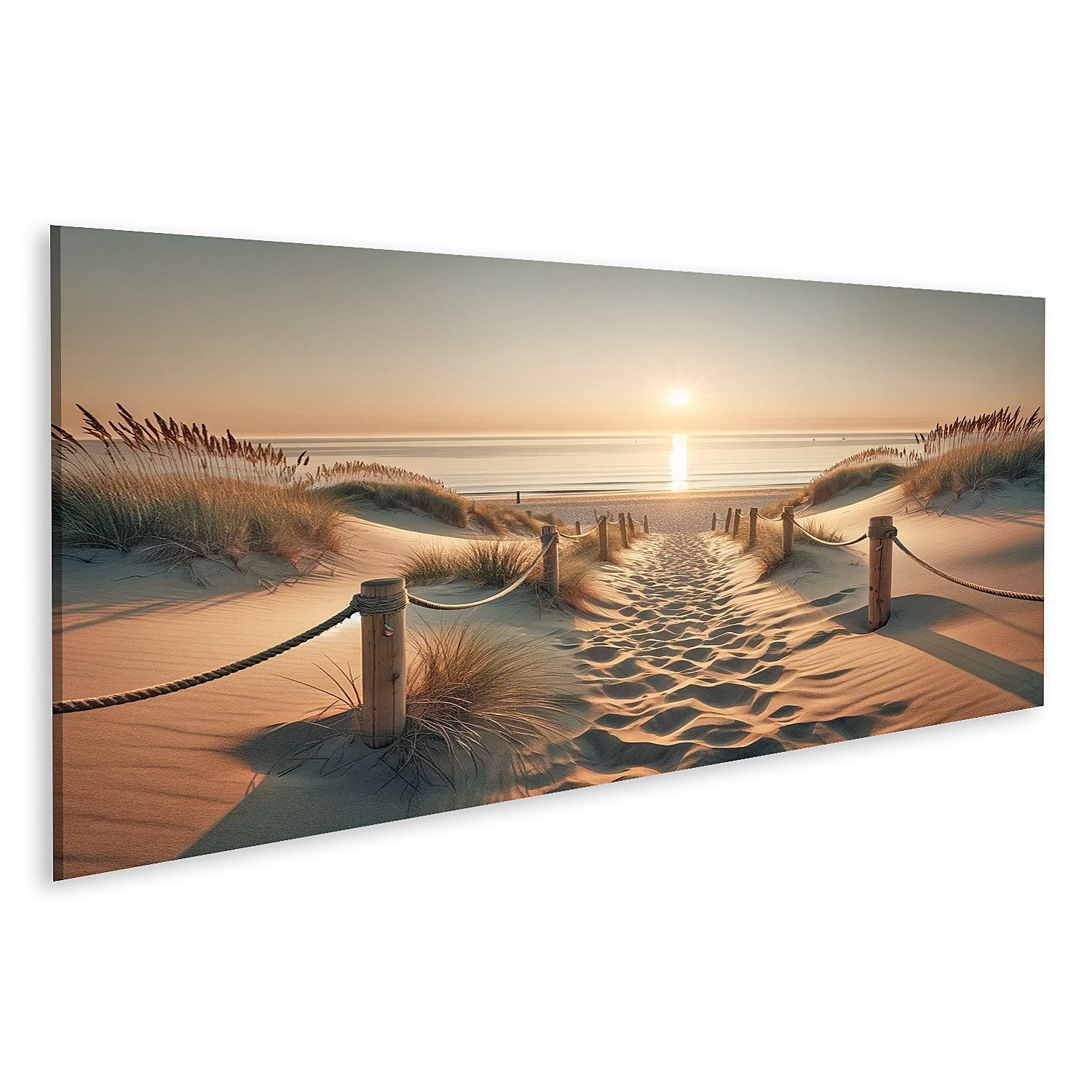 islandburner Leinwandbild Strand goldene Stunde Weg durch Sand Fußabdrücke