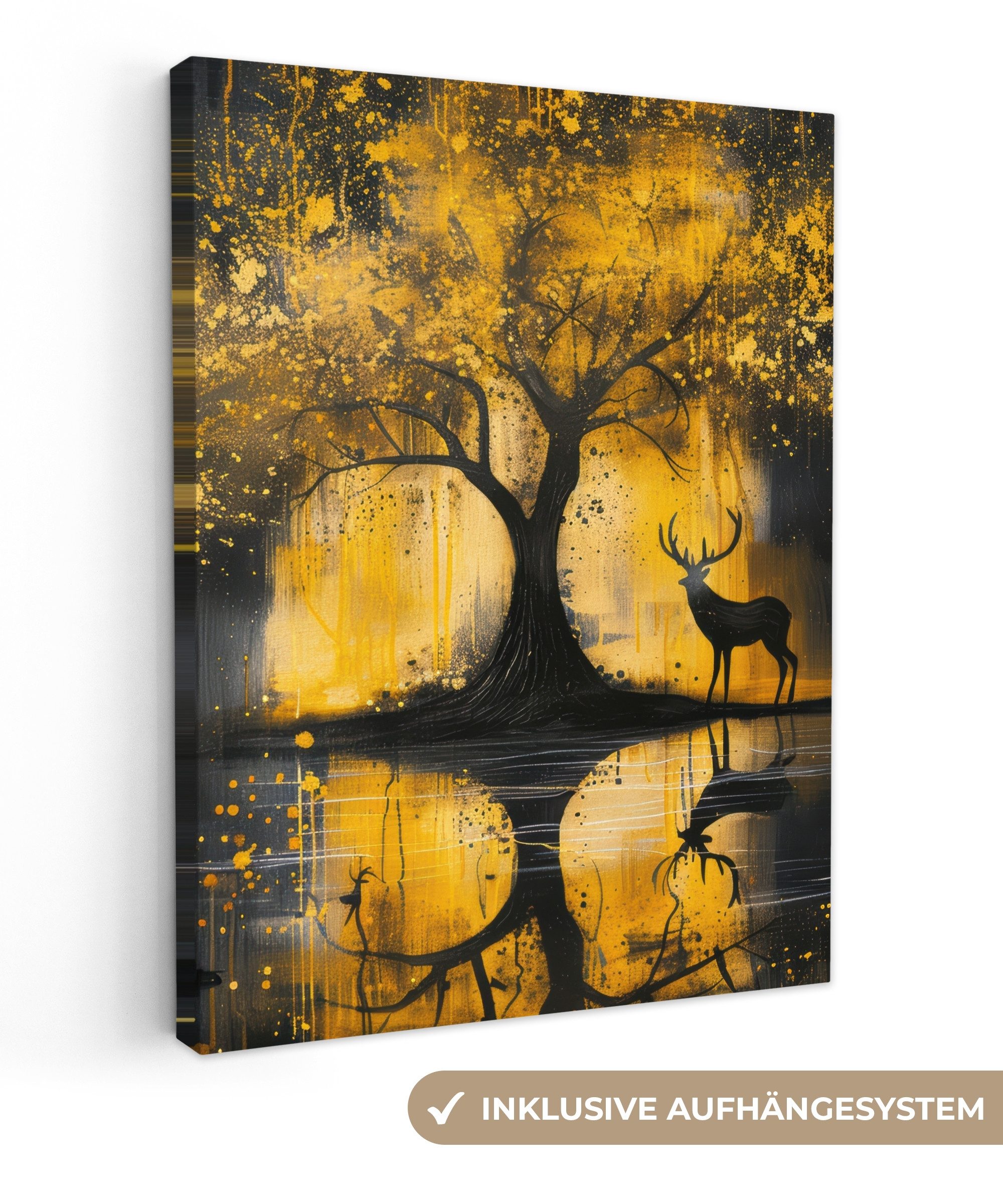 OneMillionCanvasses® Leinwandbild Baum - Farboptik - Hirsch - Natur - Gold, Fotodruck (1 St), Leinwand Bilder für Wohnzimmer Schlafzimmer 30x40 cm