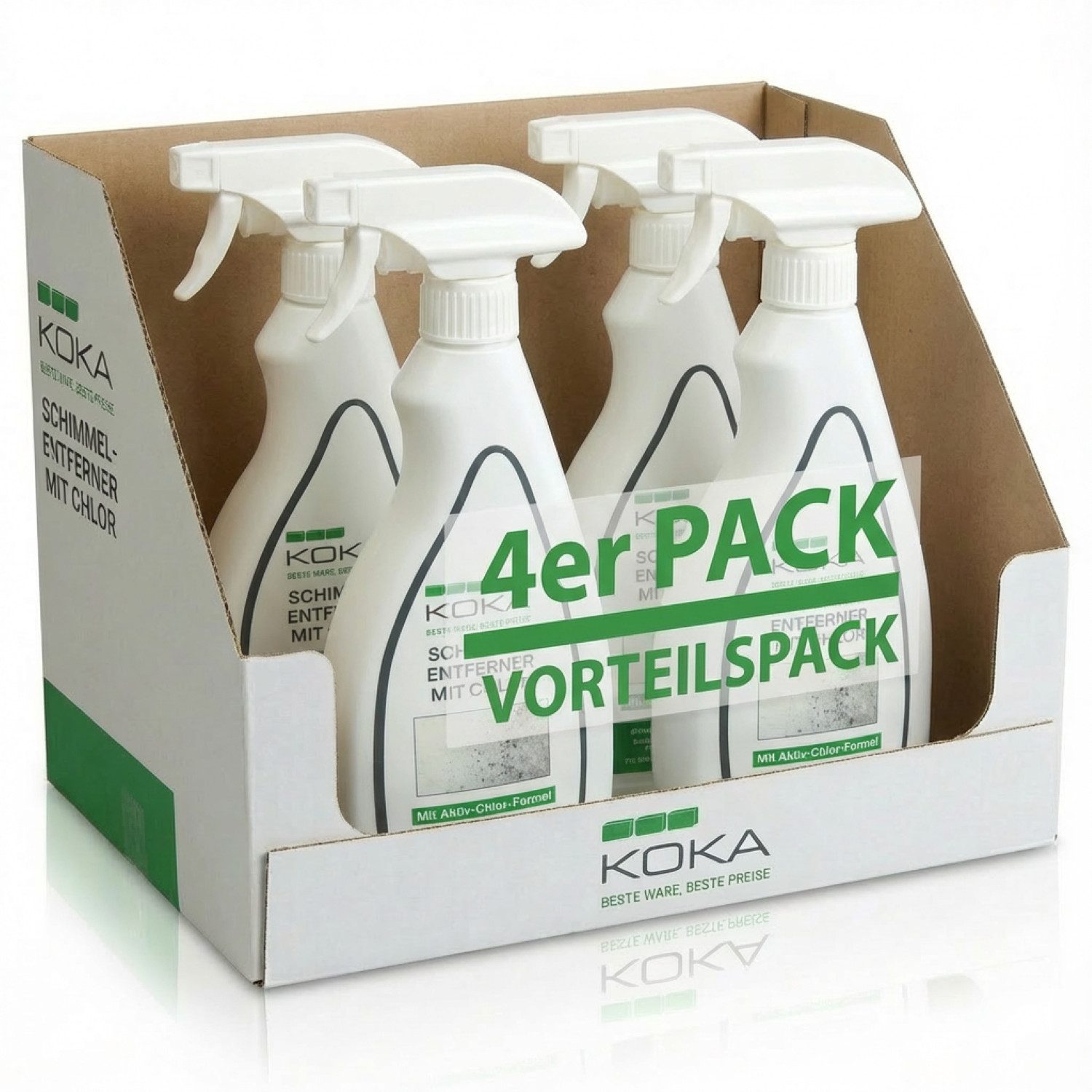 KOKA 4x Flasche Schimmelentferner mit Aktiv Chlor 2L Schimmelentferner (4-St. 4x Flasche Anti Schimmel-Spray Schimmel-Reiniger Bleich-Effekt Wand Boden Fugen)