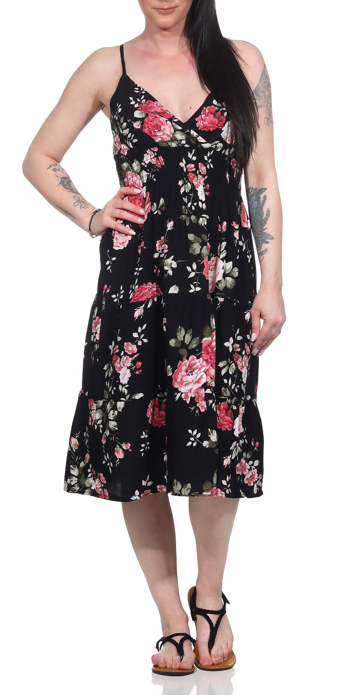 Aurela Damenmode Sommerkleid Luftige Damenkleider leichte Sommerkleider für den Urlaub mit Blumendruck, verstellbare Spaghettiträger, Gesamtlänge 90 - 93cm, Raffung Taillenbereich Schwarz