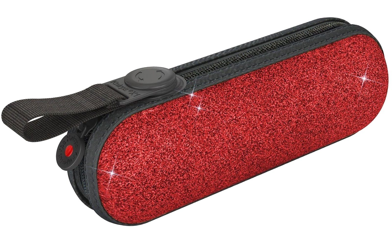 Taschenregenschirm red Schlaufe Glitzer-Etui, Glam durch die im rot Damen-Schirm Knirps® X1 mini Befestigungsmöglichkeit mit