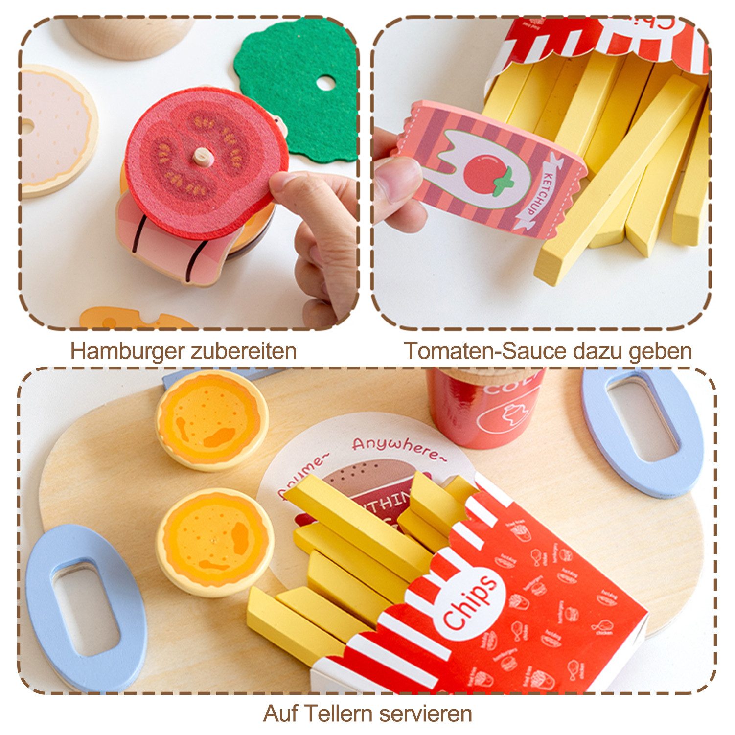 Esun Spielküche Kinderküche Spielküche Zubehör aus Holz, Küchenspielzeug Hamburger Holz, Kaufladen Zubehör Rollenspiel Geschenk Ab 3 Jahren
